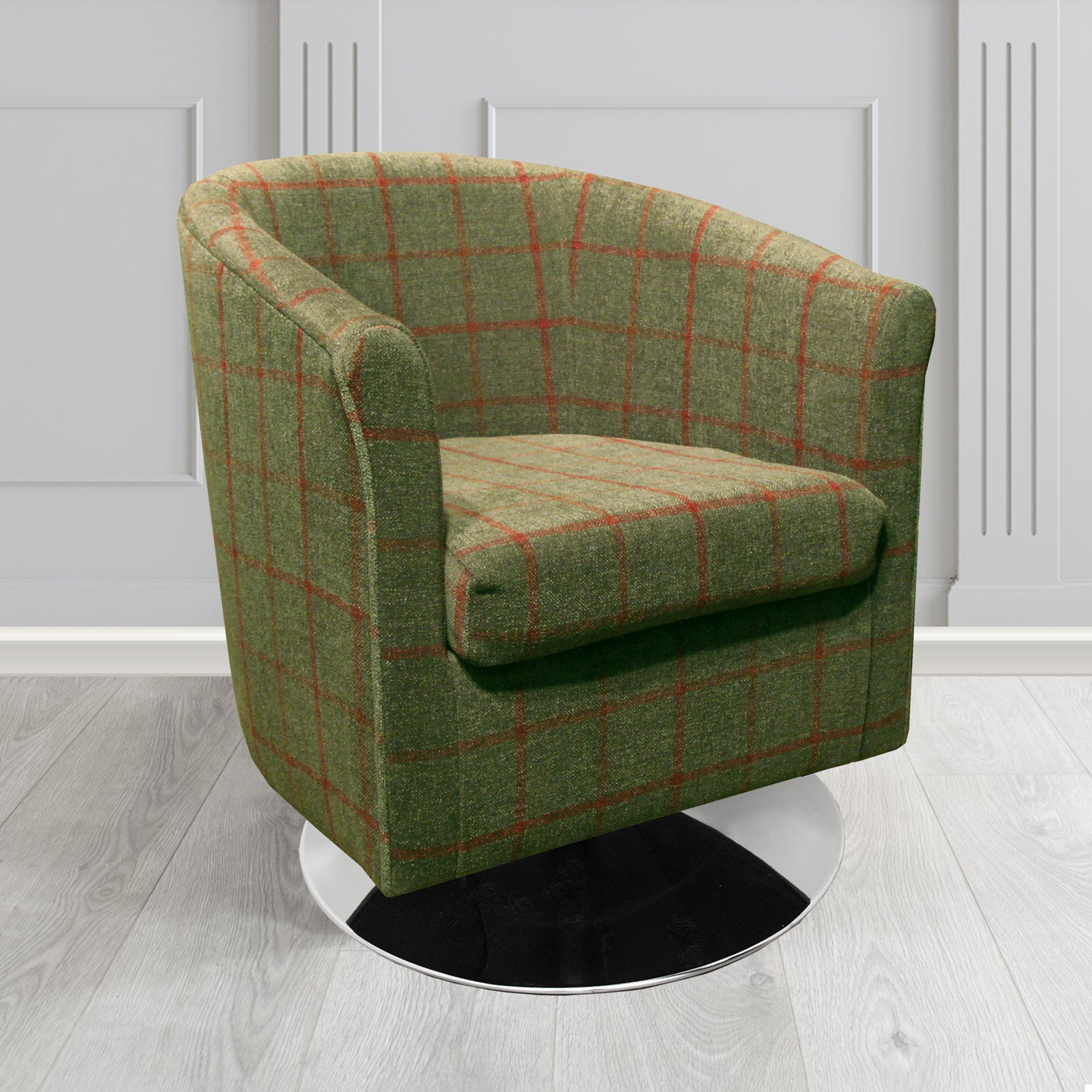 Tuscany Swivel Tub Chair in Cristina Marrone Lana Check Tartan Crib 5 Fabric