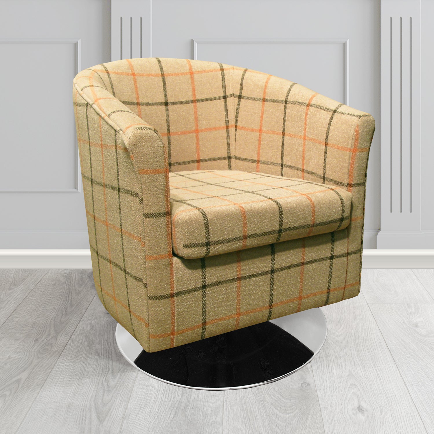 Tuscany Swivel Tub Chair in Cristina Marrone Lana Check Tartan Crib 5 Fabric