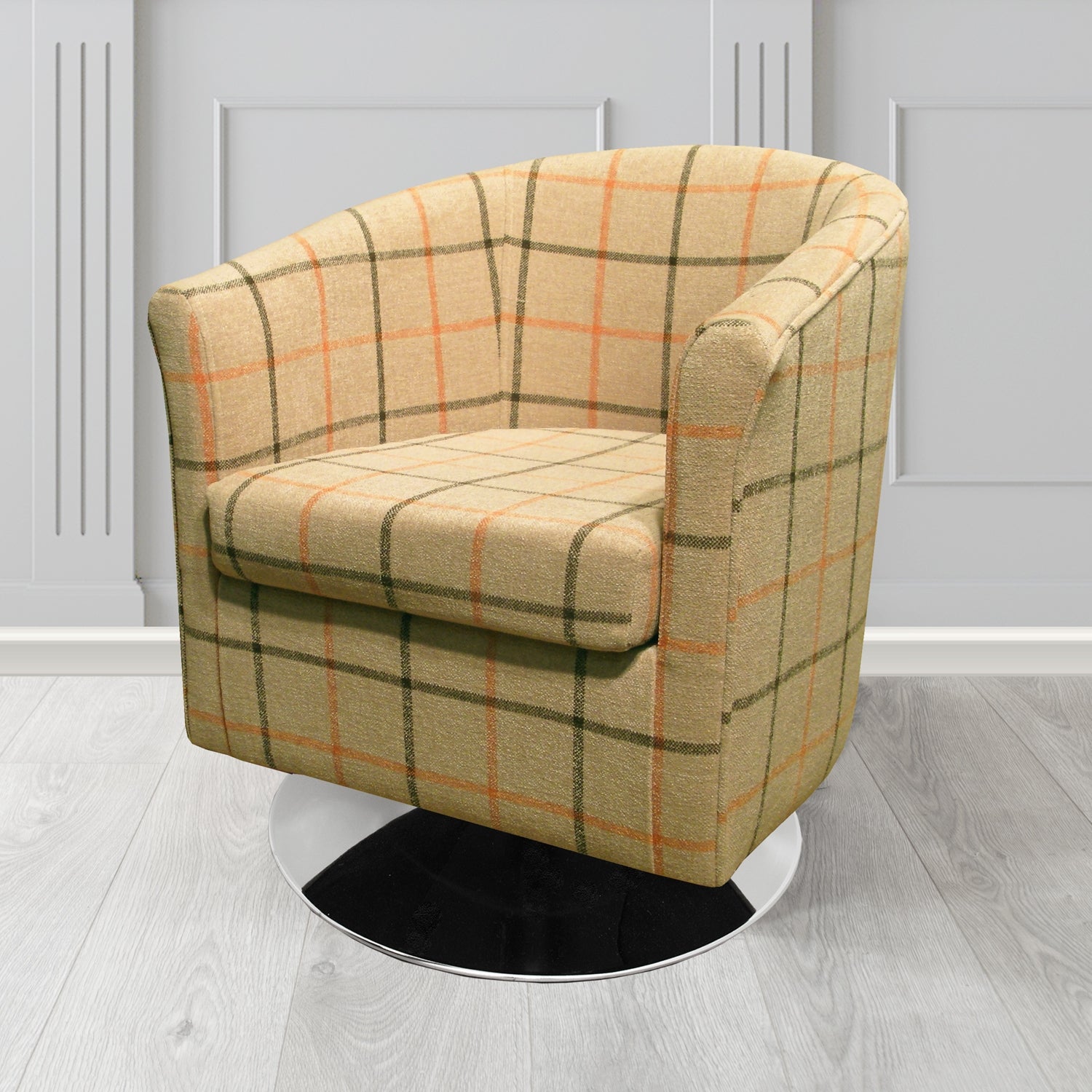 Tuscany Swivel Tub Chair in Cristina Marrone Lana Check Tartan Crib 5 Fabric