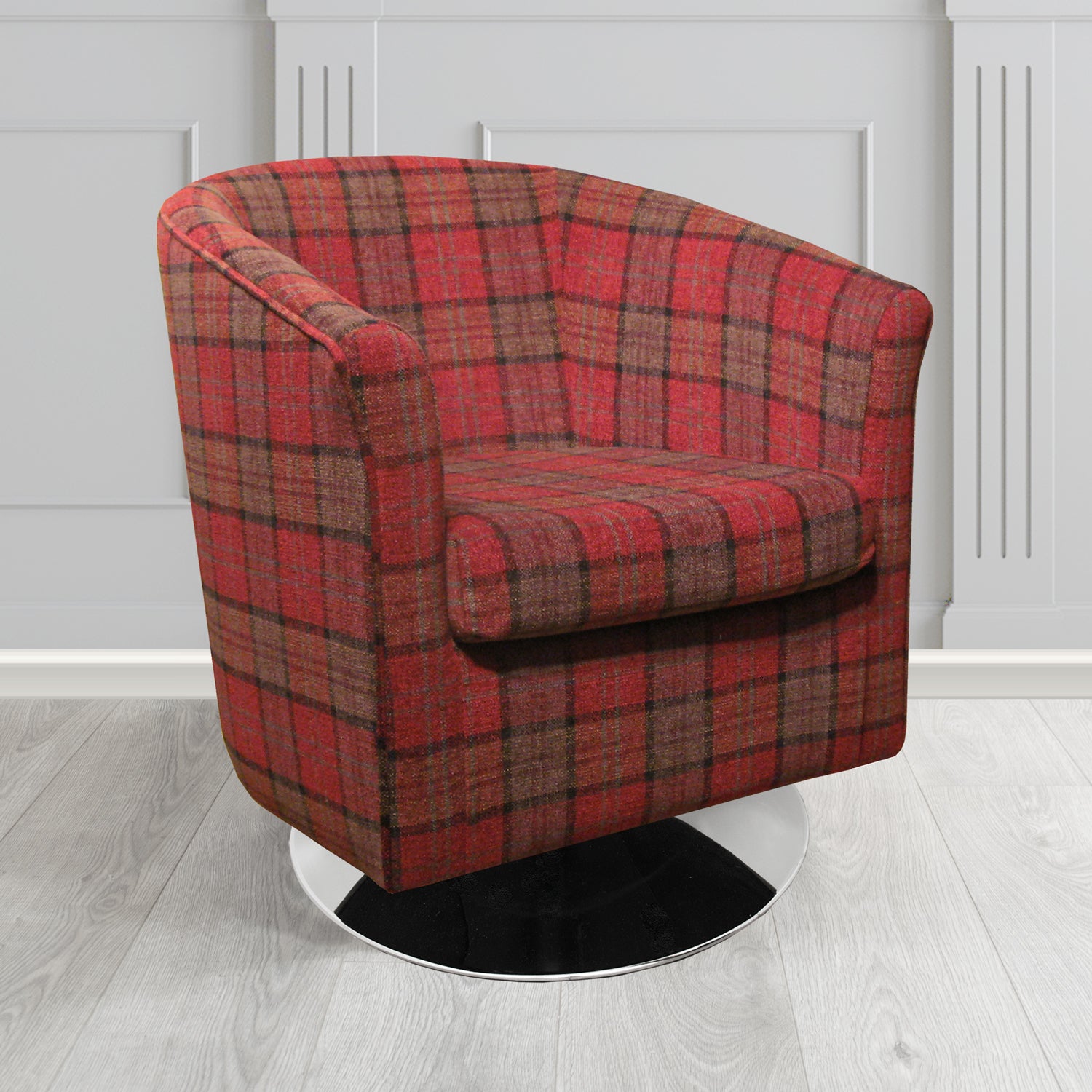 Tuscany Swivel Tub Chair in Lana Claret Tartan LAN1258 Crib 5 Fabric