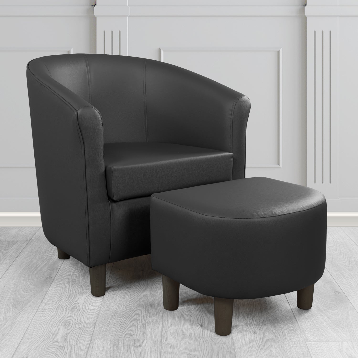 Tuscany Tub Chair with Footstool Set in Madrid Black Faux Leather - The Tub Chair Shop