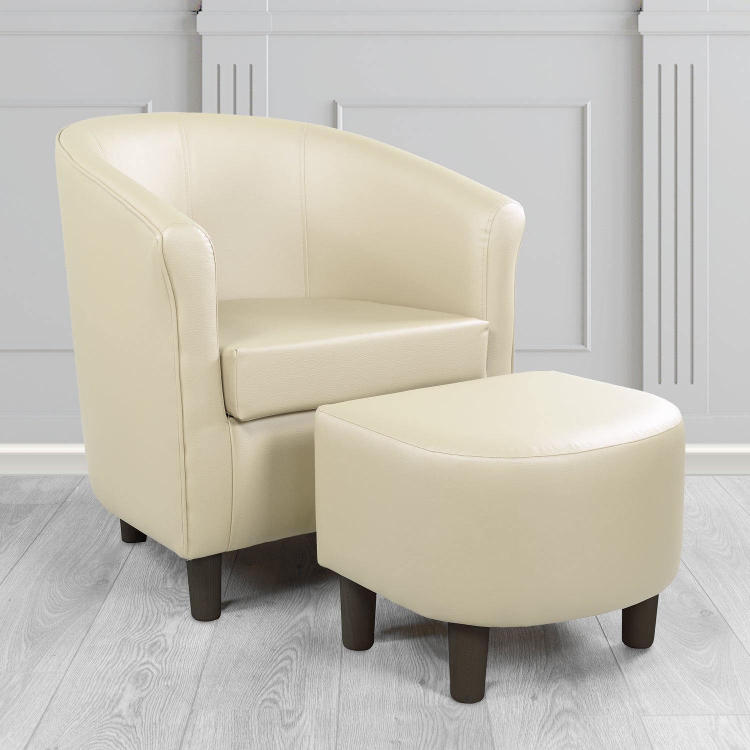 Tuscany Tub Chair with Footstool Set in Madrid Cream Faux Leather - The Tub Chair Shop