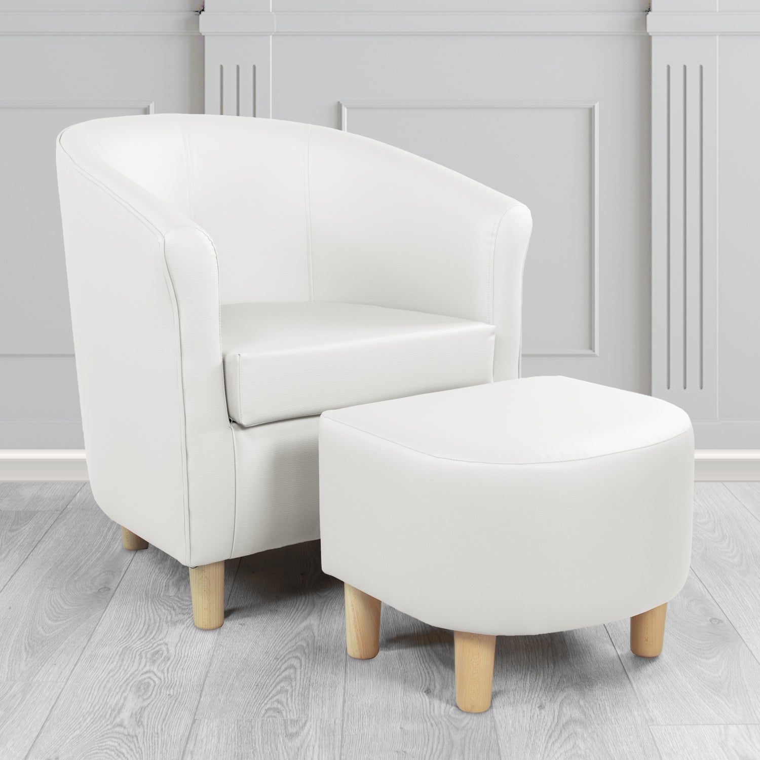 Tuscany Tub Chair with Footstool Set in Madrid White Faux Leather - The Tub Chair Shop