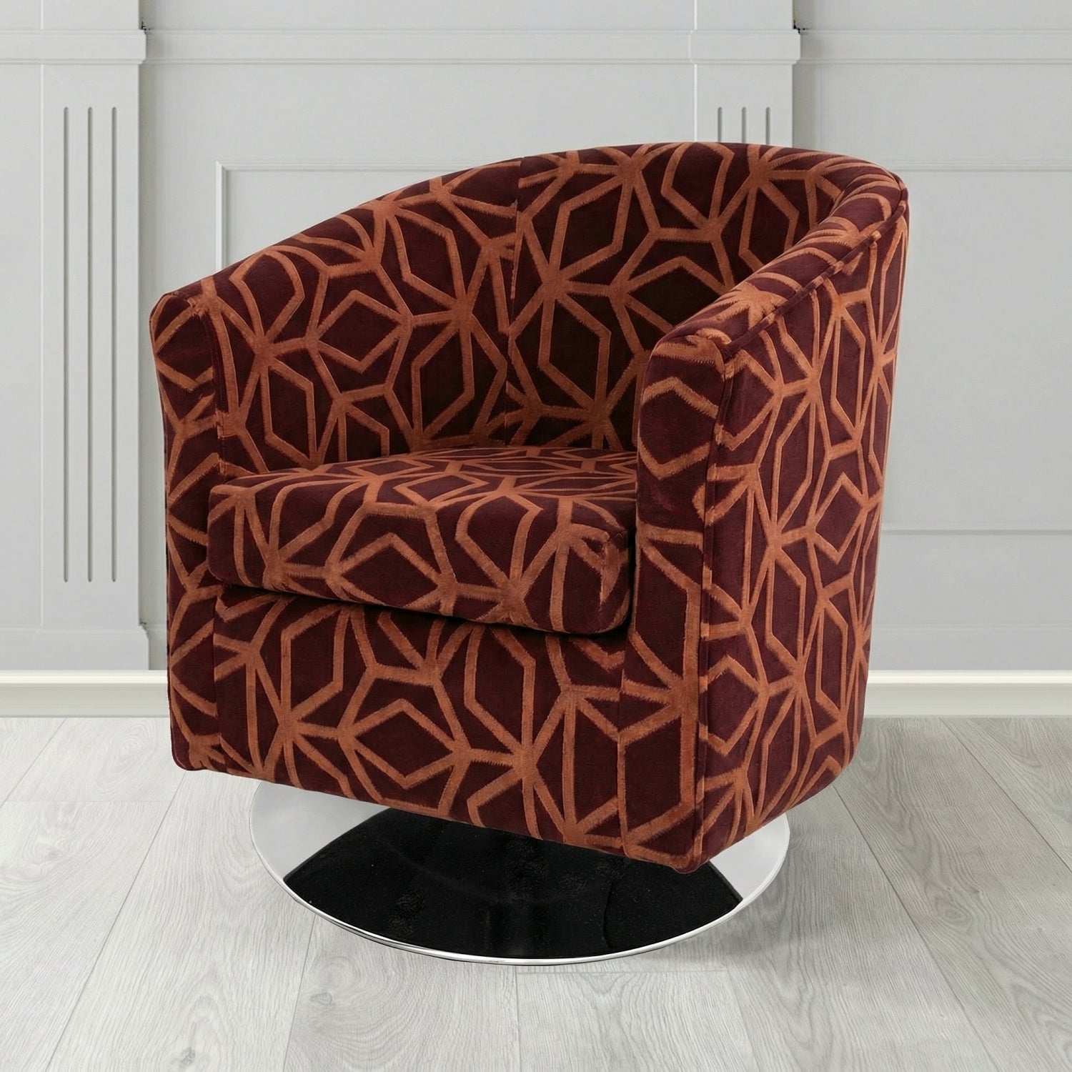 Tuscany Swivel Tub Chair in Panaz Fabrics Lexington Corinthia Geometric Crib 5 Velvet Fabric