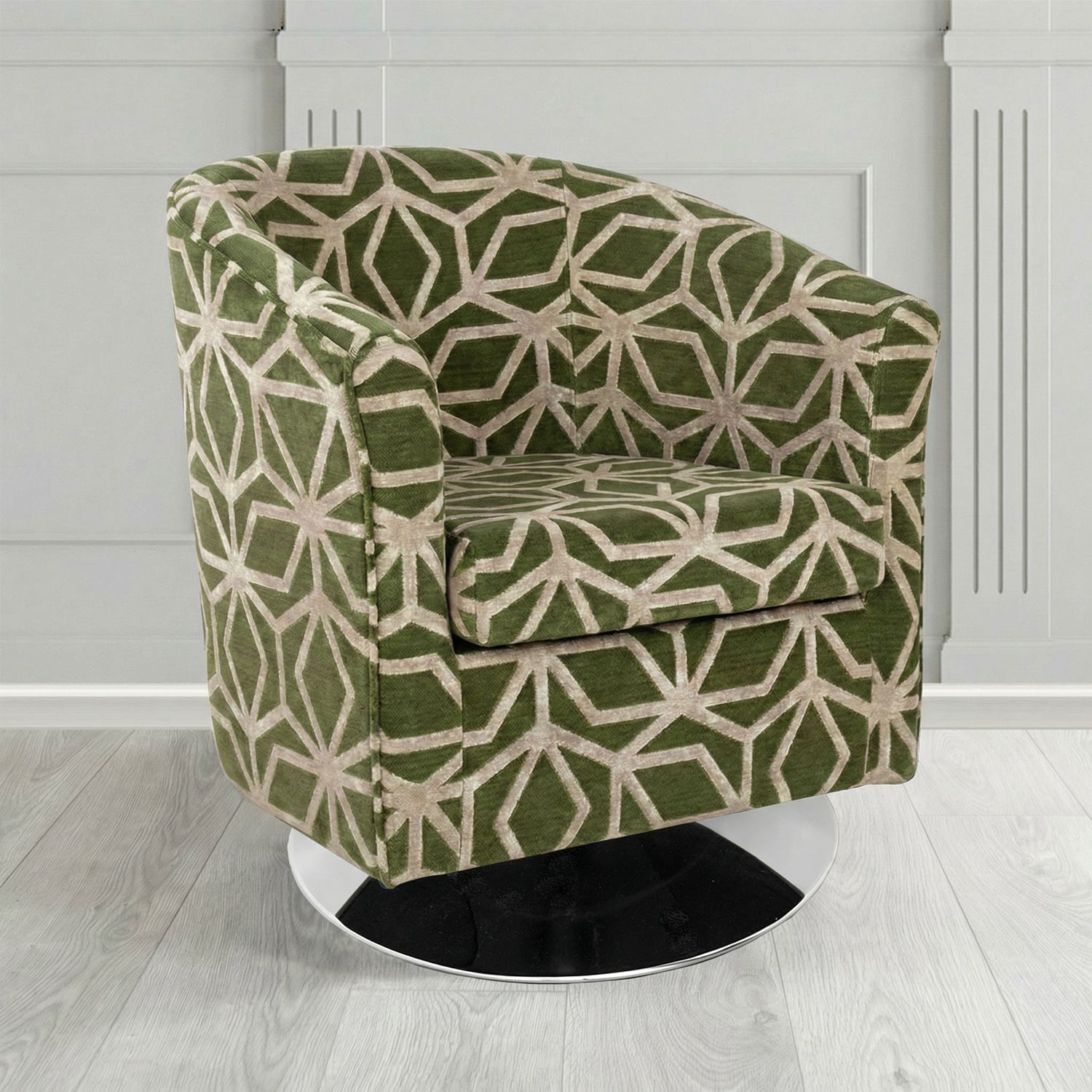 Tuscany Swivel Tub Chair in Panaz Fabrics Lexington Corinthia Geometric Crib 5 Velvet Fabric