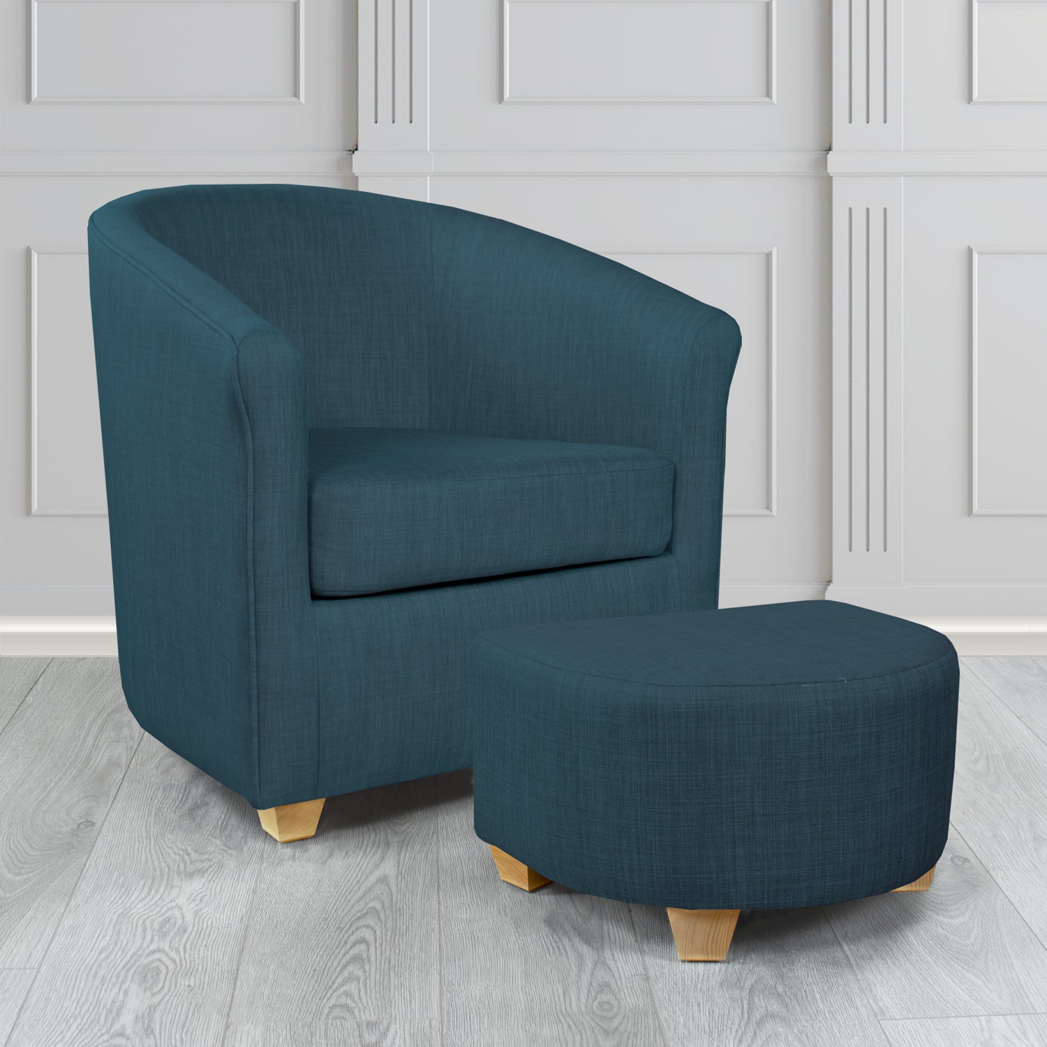 Cannes Charles Midnight Plain Linen Fabric Tub Chair & Footstool Set - The Tub Chair Shop