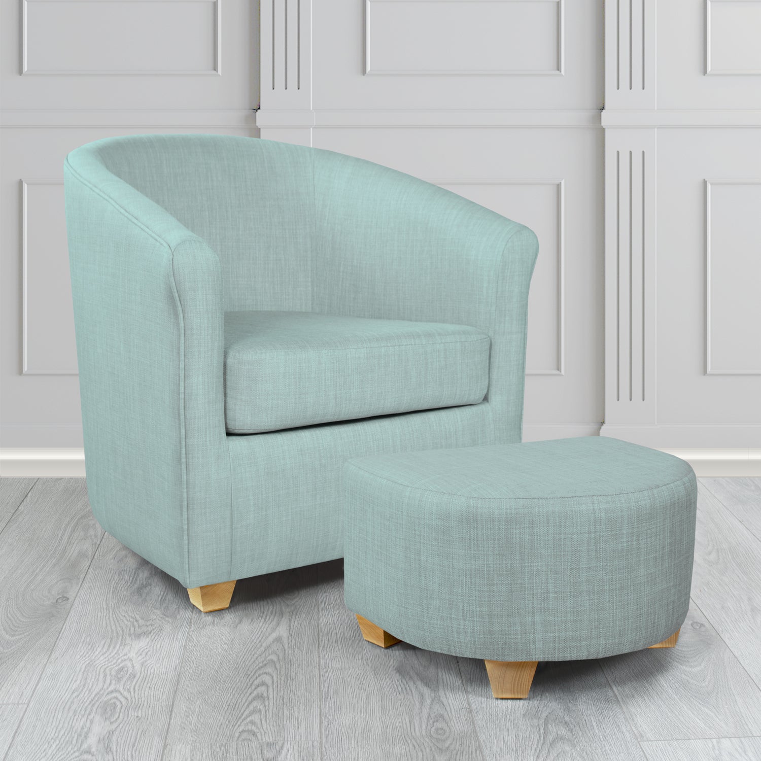 Cannes Charles Sky Plain Linen Fabric Tub Chair & Footstool Set - The Tub Chair Shop
