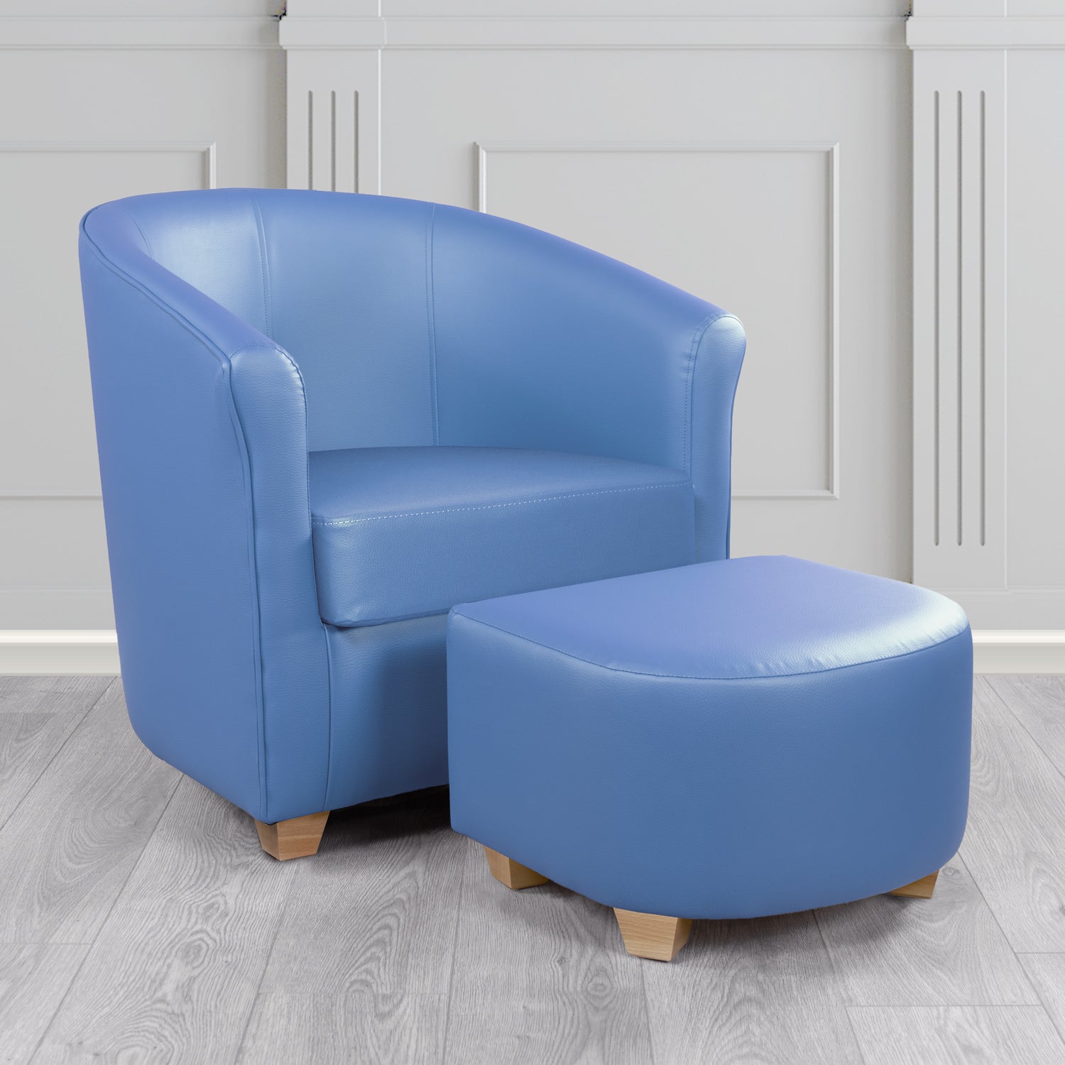 Cannes Tub Chair with Footstool Set in Just Colour Blue Steel Crib 5 Faux Leather - The Tub Chair Shop