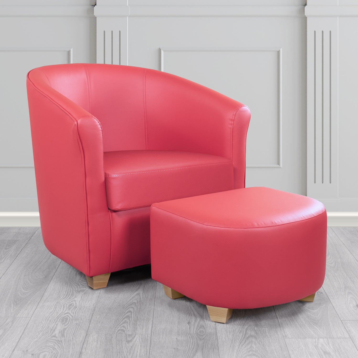 Cannes Tub Chair with Footstool Set in Just Colour Bubblegum Crib 5 Faux Leather - The Tub Chair Shop