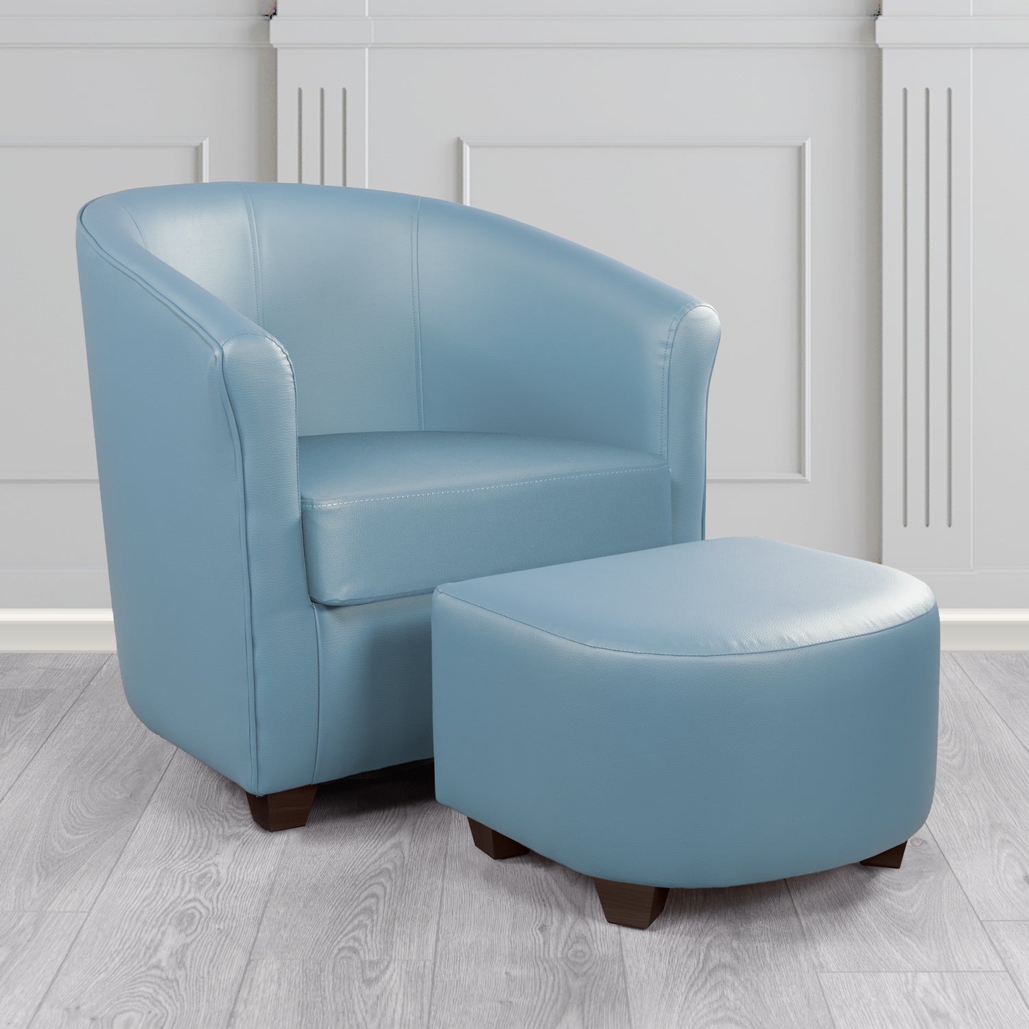 Cannes Tub Chair with Footstool Set in Just Colour Cool Blue Crib 5 Faux Leather - The Tub Chair Shop