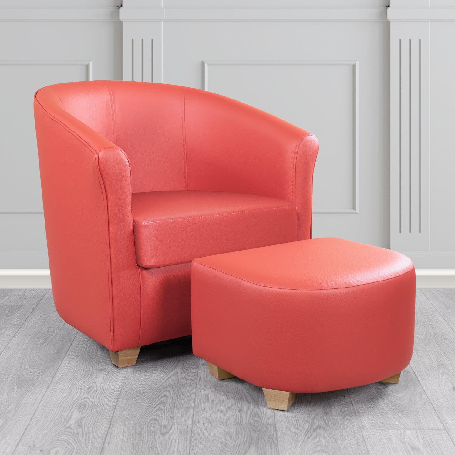 Cannes Tub Chair with Footstool Set in Just Colour Coral Crib 5 Faux Leather - The Tub Chair Shop