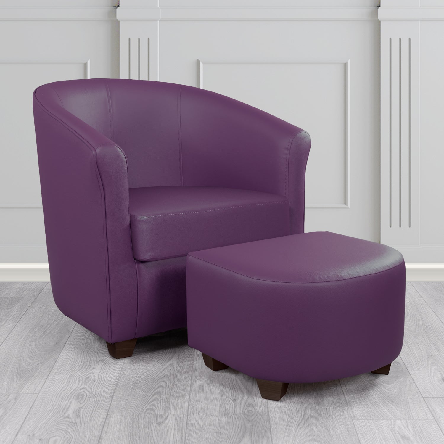 Cannes Tub Chair with Footstool Set in Just Colour Damson Crib 5 Faux Leather - The Tub Chair Shop