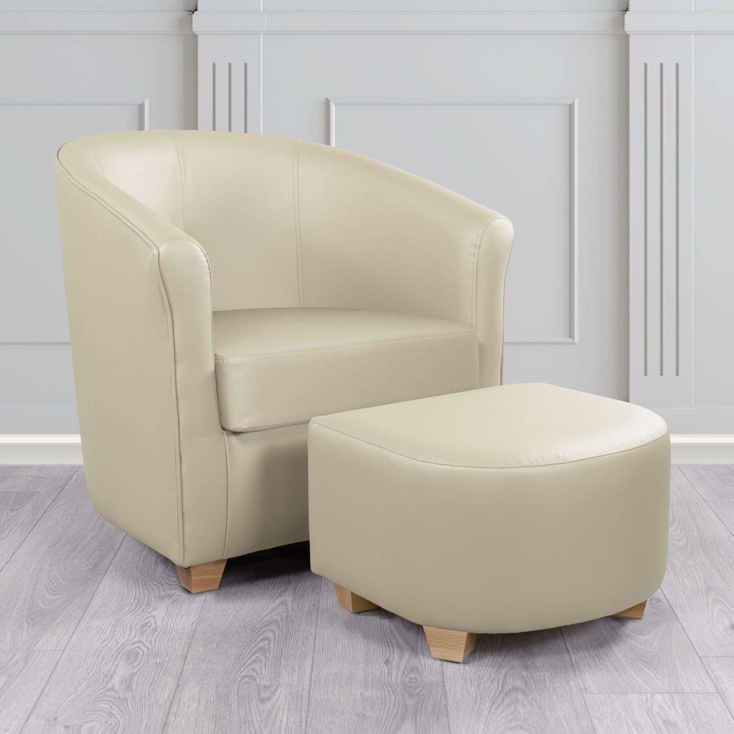 Cannes Tub Chair with Footstool Set in Just Colour Dune Crib 5 Faux Leather - The Tub Chair Shop
