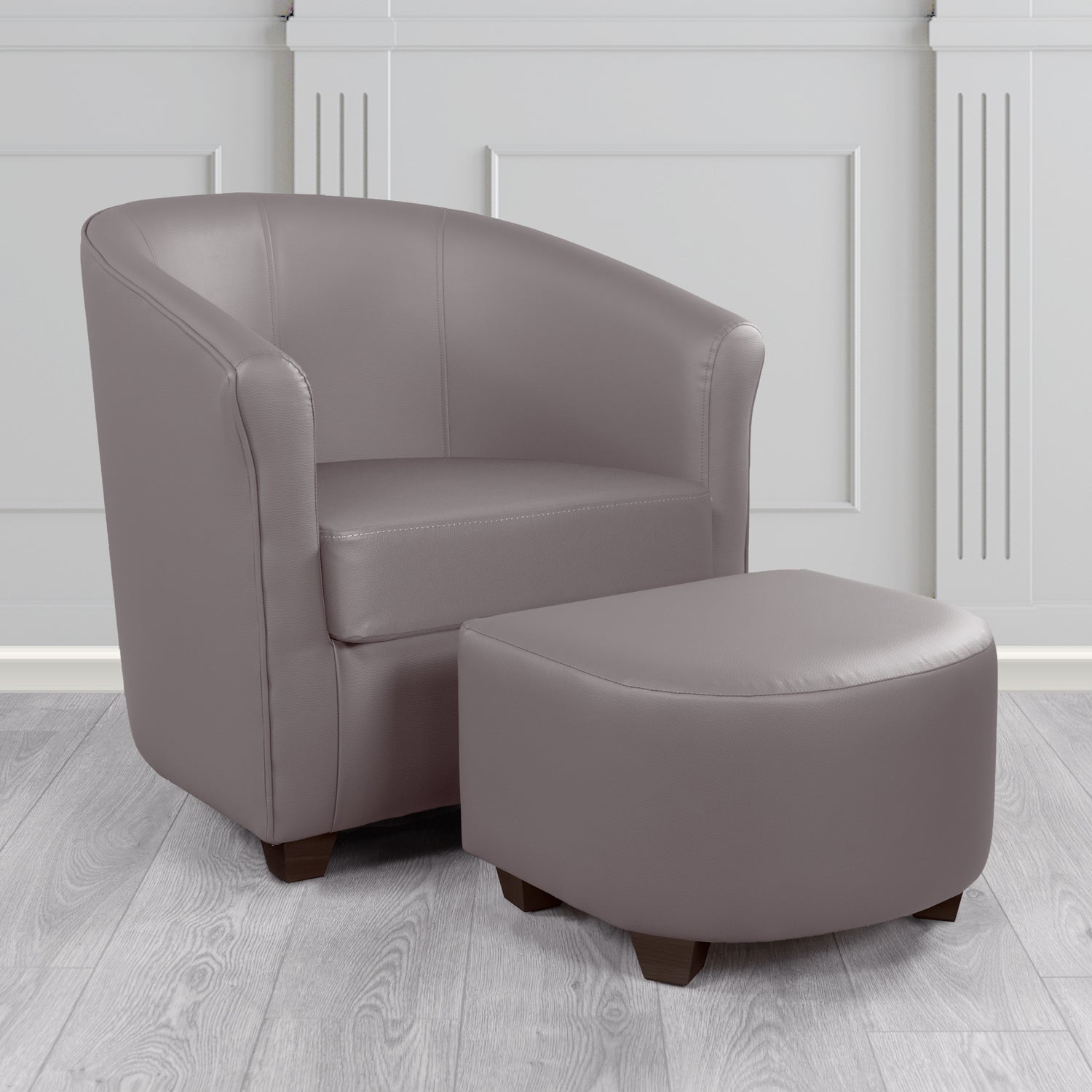 Cannes Tub Chair with Footstool Set in Just Colour Elephant Crib 5 Faux Leather - The Tub Chair Shop