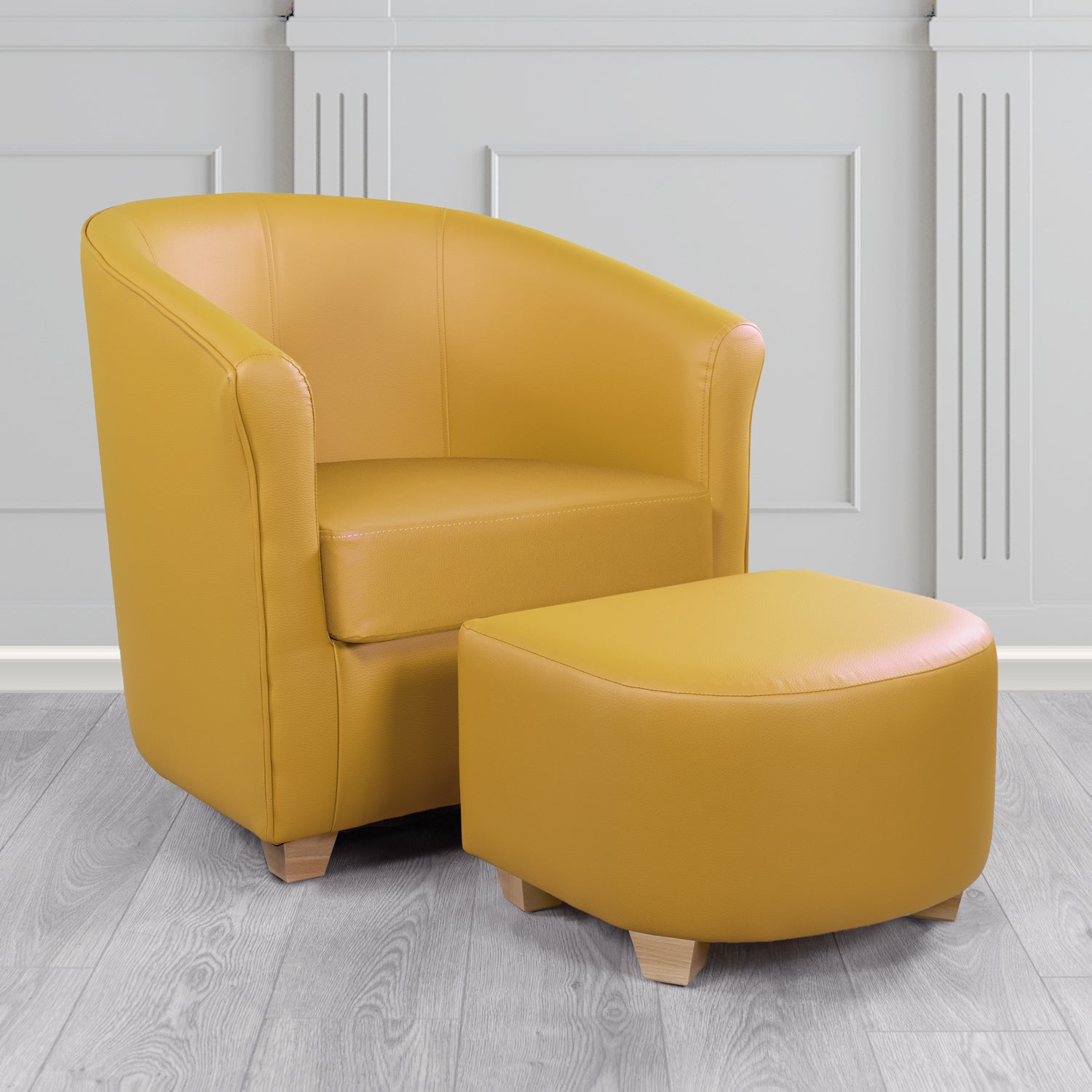 Cannes Tub Chair with Footstool Set in Just Colour Golden Honey Crib 5 Faux Leather - The Tub Chair Shop