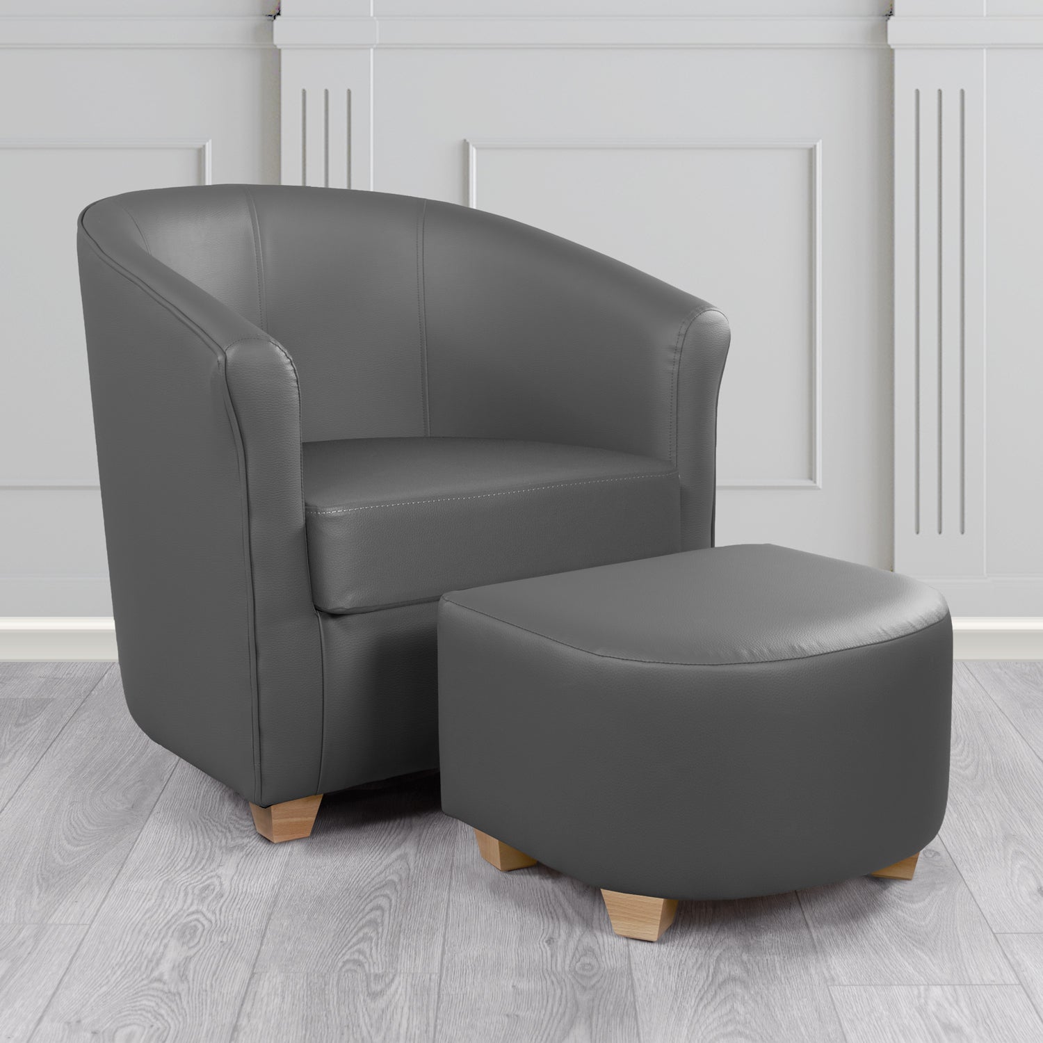 Cannes Tub Chair with Footstool Set in Just Colour Gunmetal Grey Crib 5 Faux Leather - The Tub Chair Shop