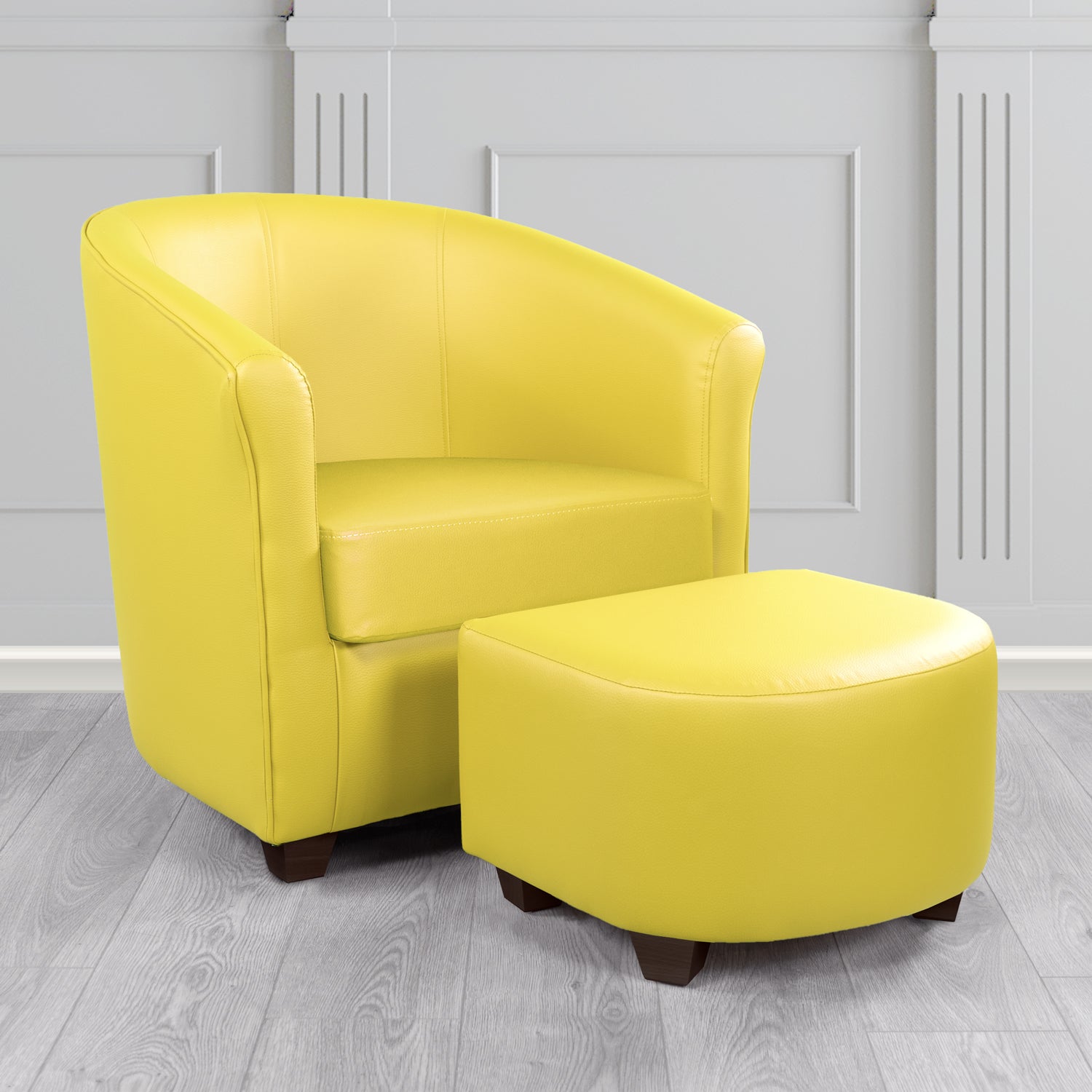 Cannes Tub Chair with Footstool Set in Just Colour Lemon Crib 5 Faux Leather - The Tub Chair Shop