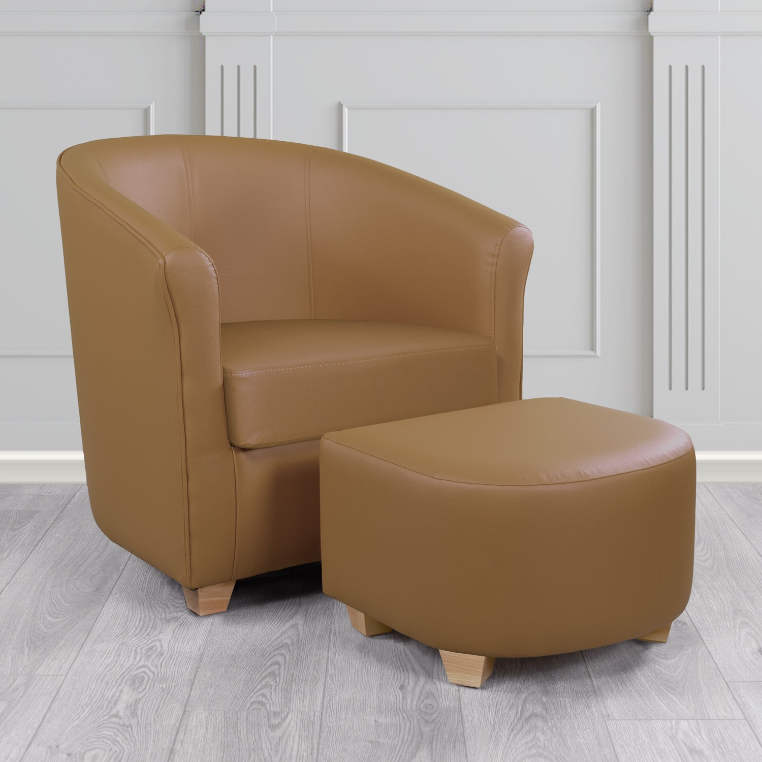Cannes Tub Chair with Footstool Set in Just Colour Nutmeg Crib 5 Faux Leather - The Tub Chair Shop