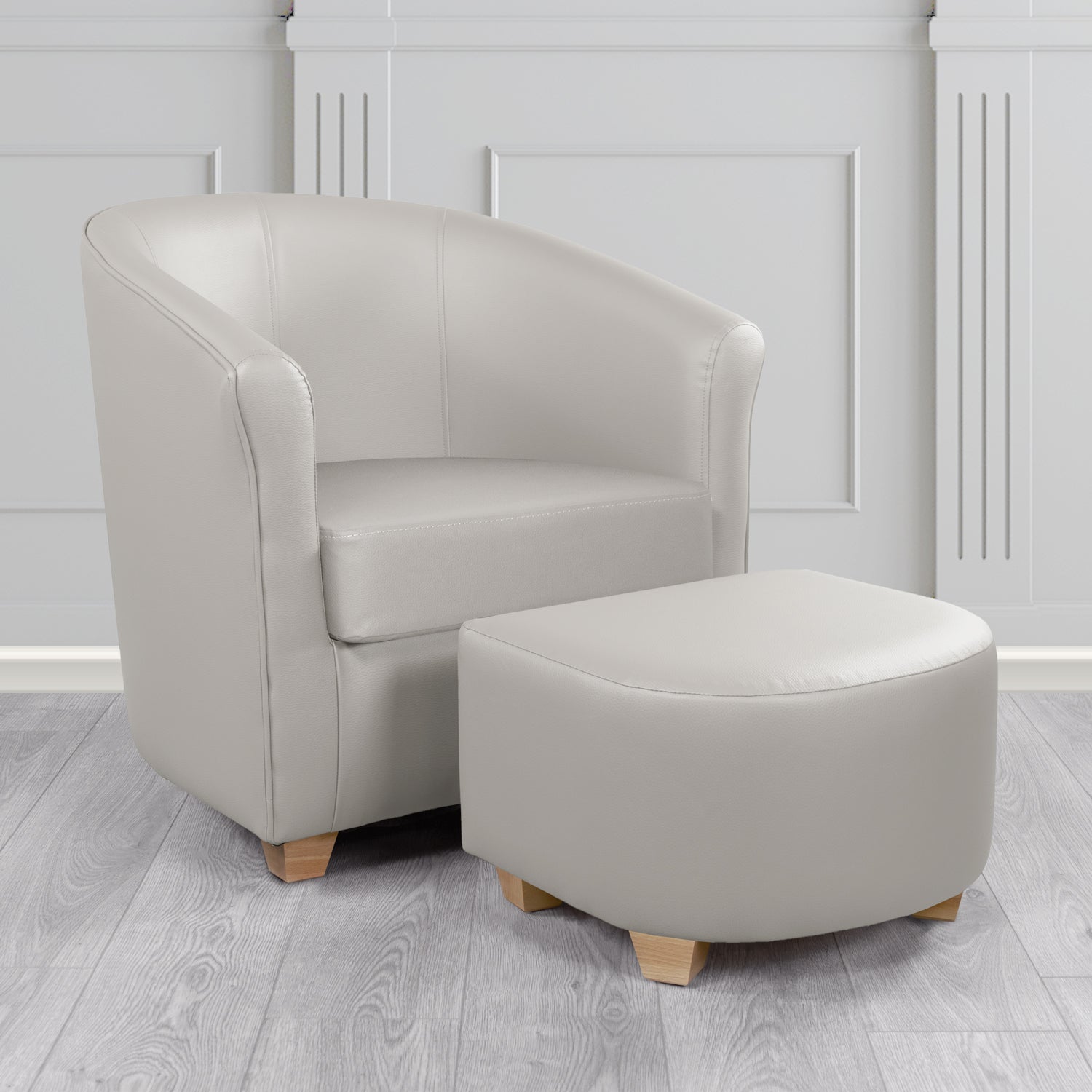 Cannes Tub Chair with Footstool Set in Just Colour Putty Crib 5 Faux Leather - The Tub Chair Shop