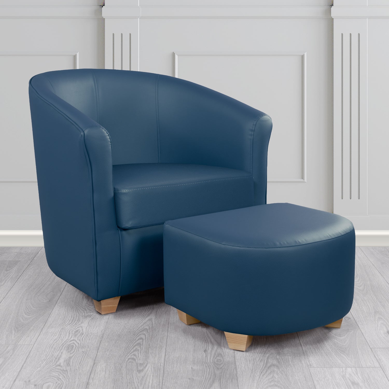 Cannes Tub Chair with Footstool Set in Just Colour Sapphire Blue Crib 5 Faux Leather - The Tub Chair Shop