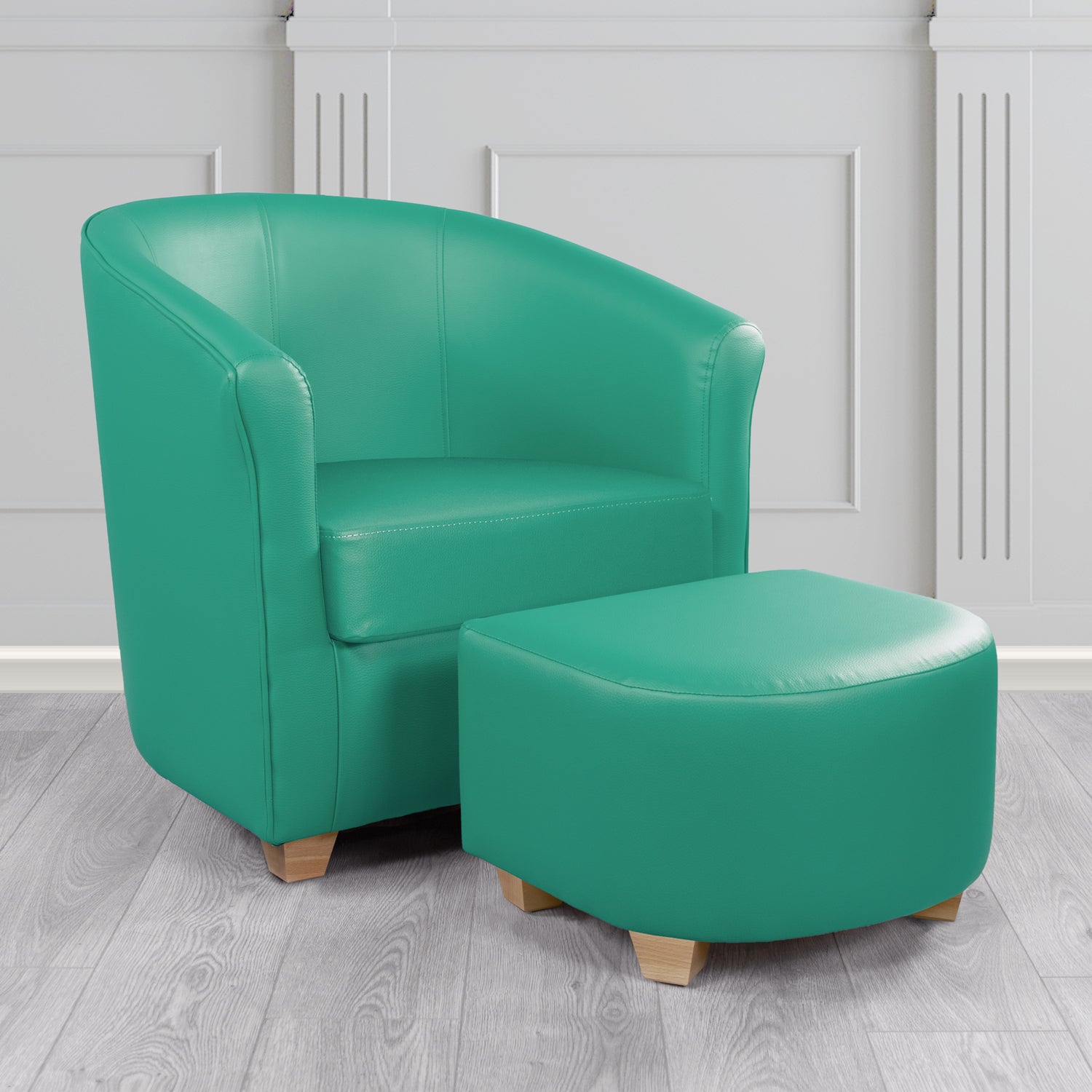 Cannes Tub Chair with Footstool Set in Just Colour Sea Green Crib 5 Faux Leather - The Tub Chair Shop