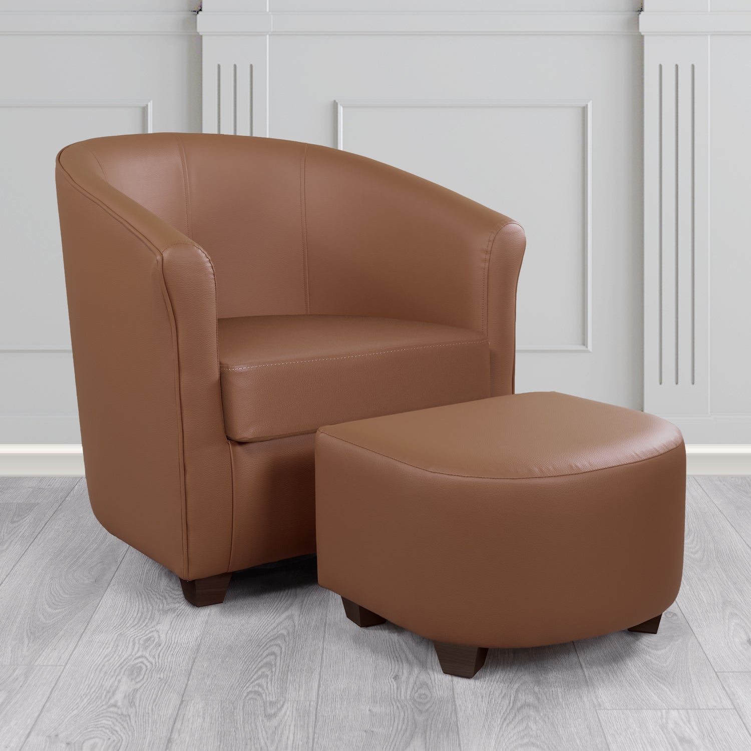 Cannes Tub Chair with Footstool Set in Just Colour Walnut Crib 5 Faux Leather - The Tub Chair Shop