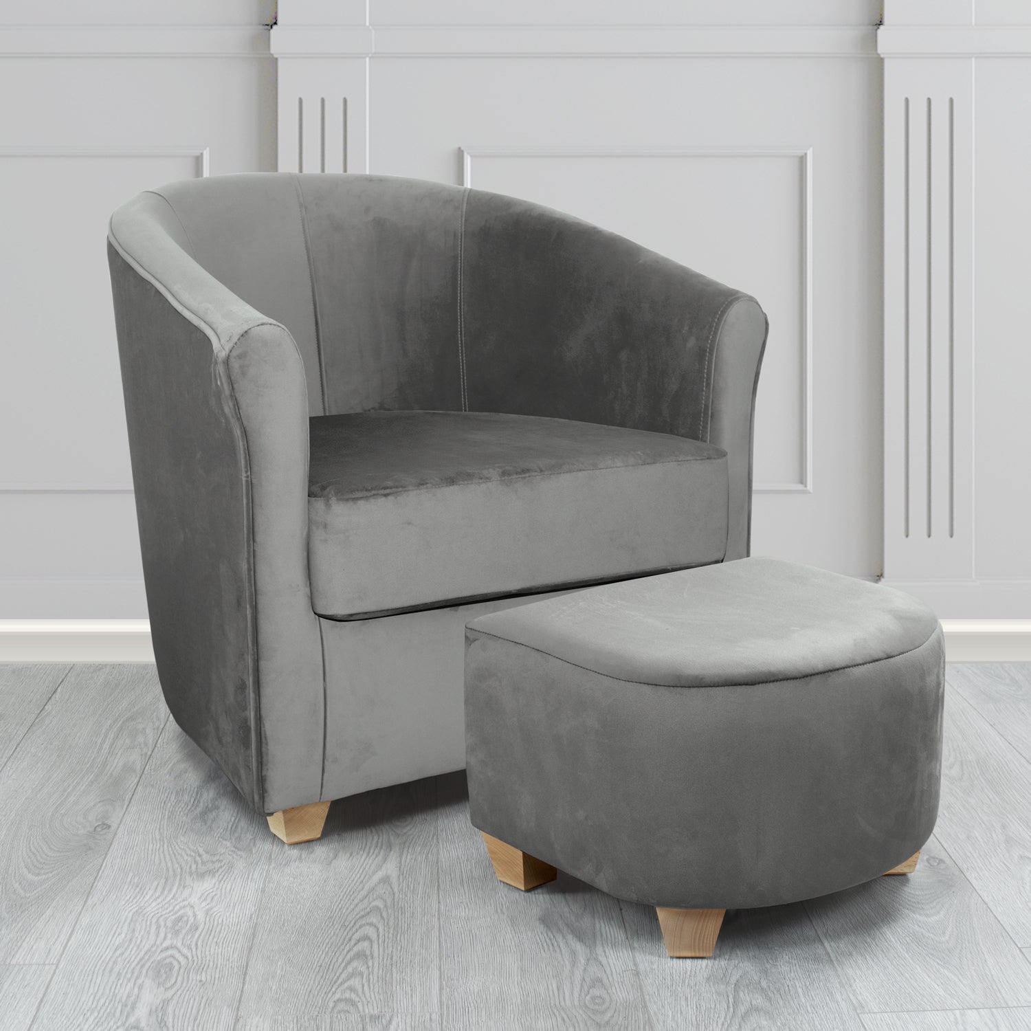Cannes Monaco Platinum Plush Velvet Fabric Tub Chair & Footstool Set (6597262409770)