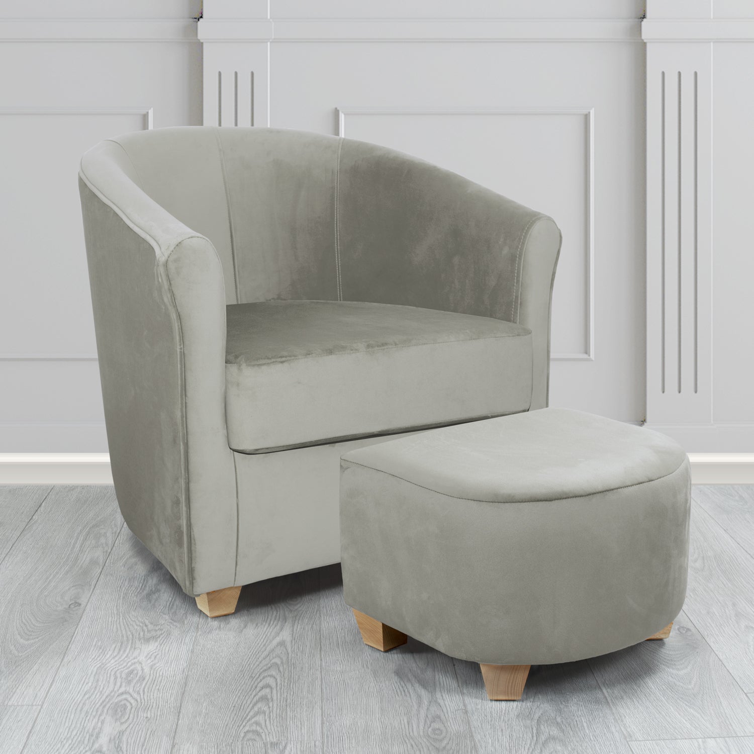 Cannes Monaco Silver Plush Velvet Fabric Tub Chair & Footstool Set (6597309333546)