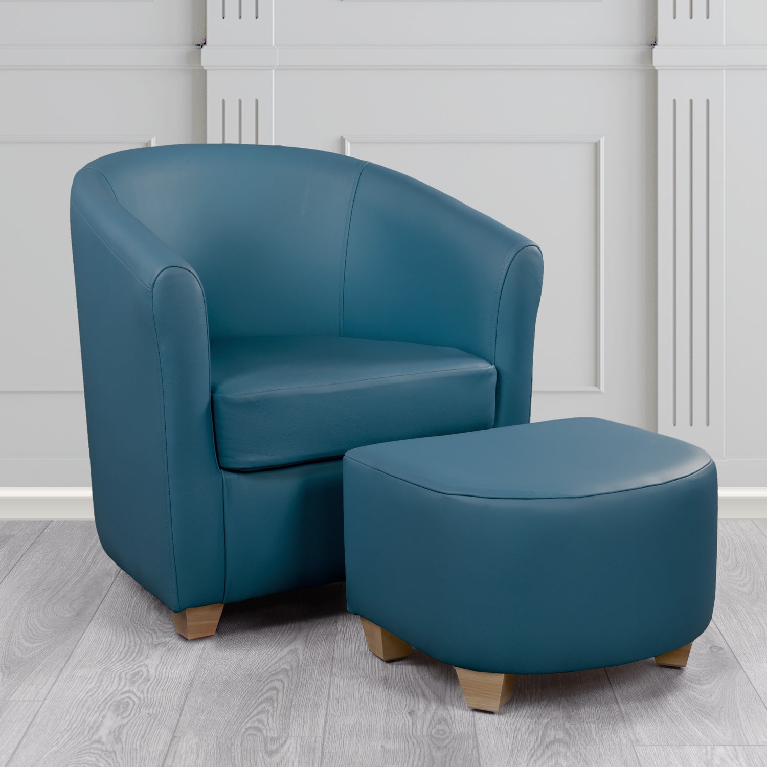 Cannes Shelly Majolica Blue Crib 5 Genuine Leather Tub Chair & Footstool Set (6618345046058)