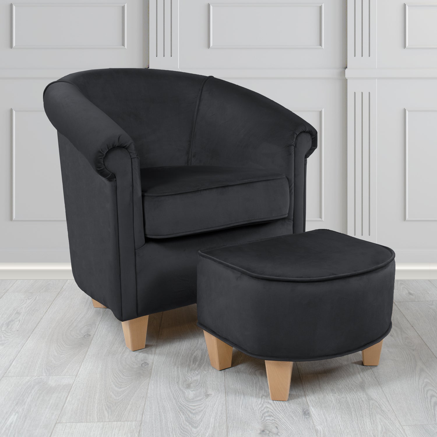 Siena Monaco Black Plush Velvet Fabric Tub Chair & Footstool Set (6621285417002)