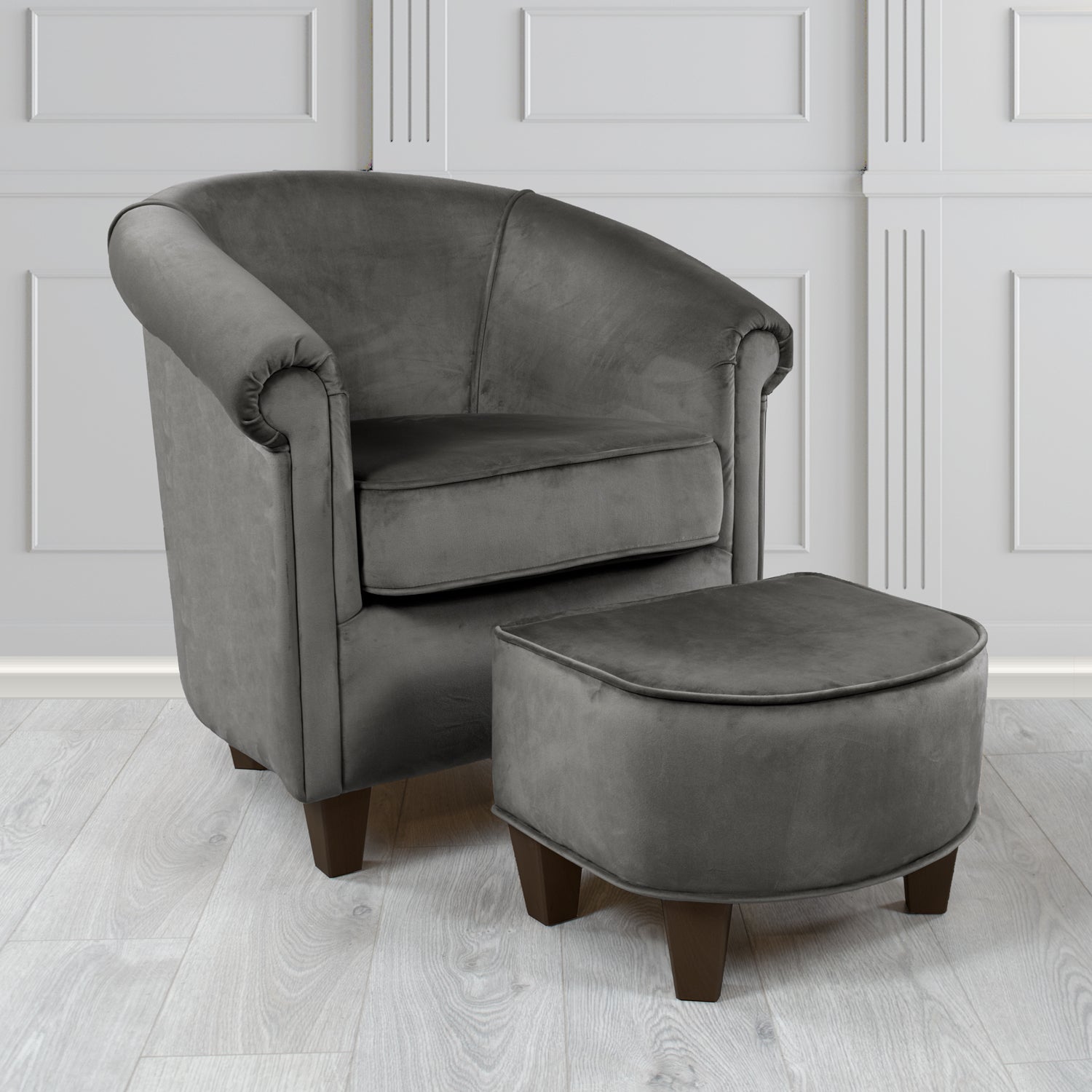 Siena Monaco Grey Plush Velvet Fabric Tub Chair & Footstool Set (6621288464426)