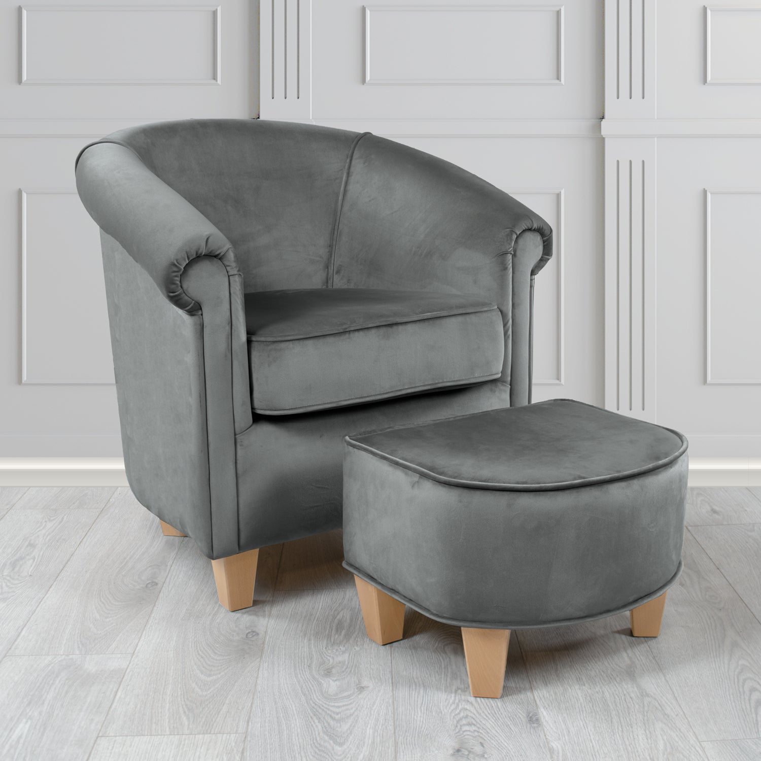 Siena Monaco Platinum Plush Velvet Fabric Tub Chair & Footstool Set (6621297901610)