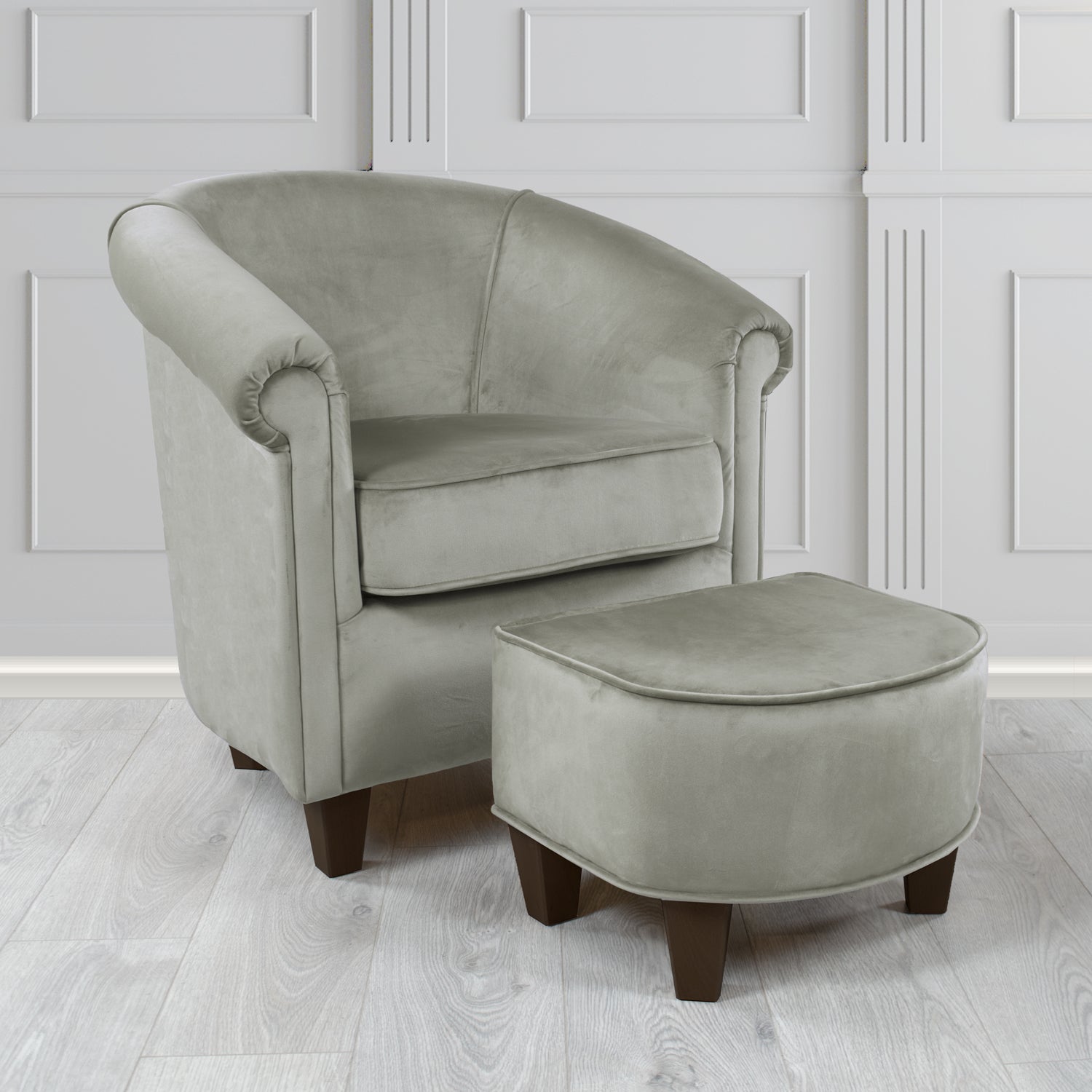 Siena Monaco Silver Plush Velvet Fabric Tub Chair & Footstool Set (6621300949034)