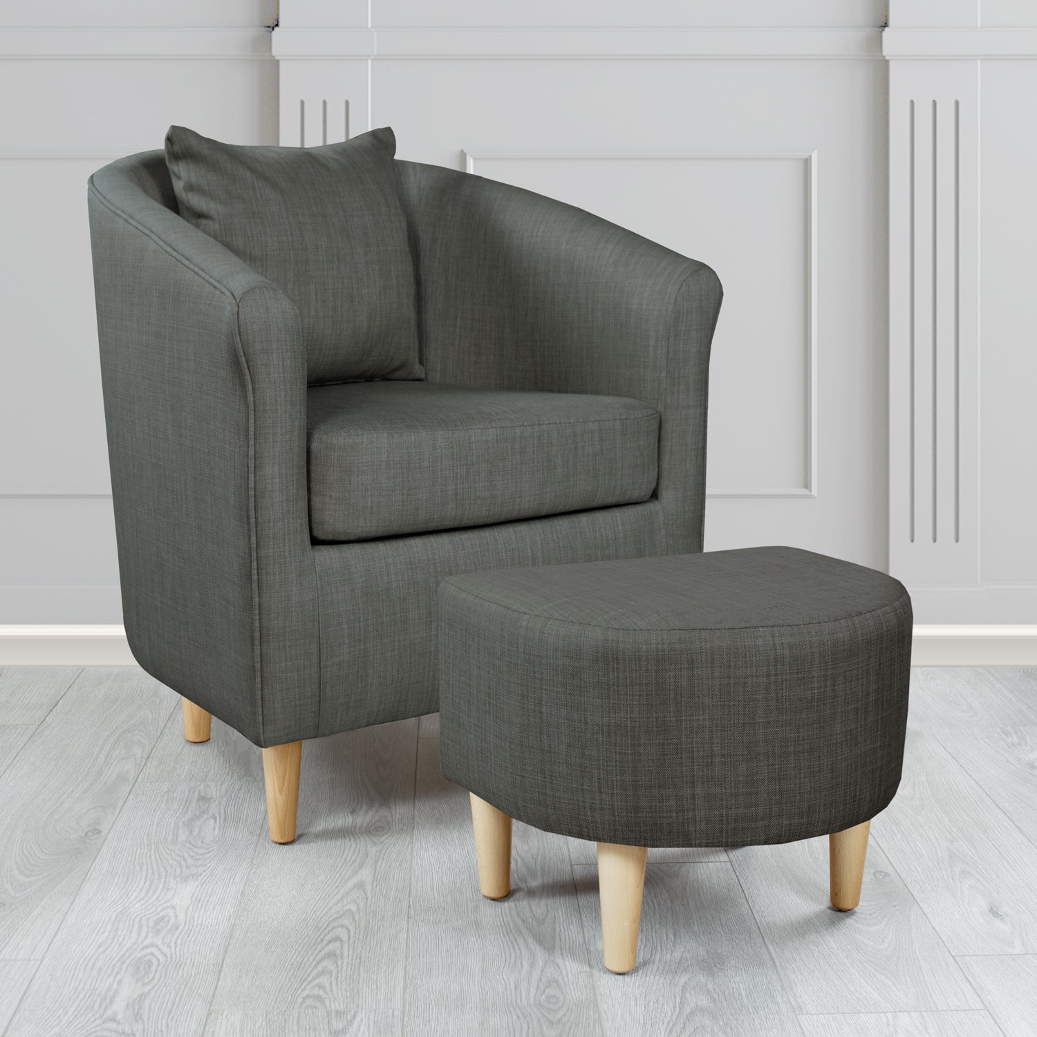 St Tropez Charles Charcoal Plain Linen Fabric Tub Chair & Footstool Set with Scatter Cushion - The Tub Chair Shop
