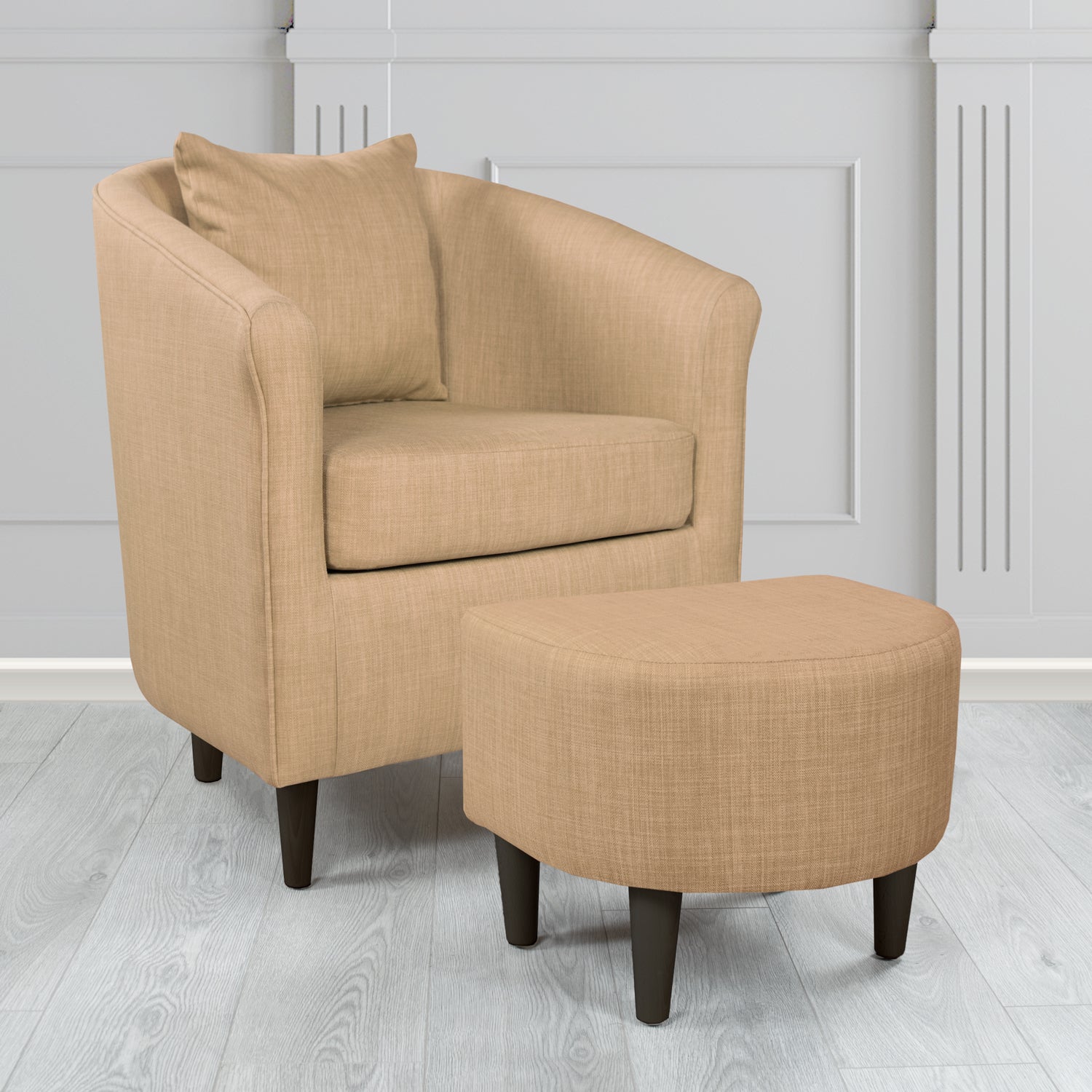 St Tropez Charles Honey Plain Linen Fabric Tub Chair & Footstool Set with Scatter Cushion - The Tub Chair Shop