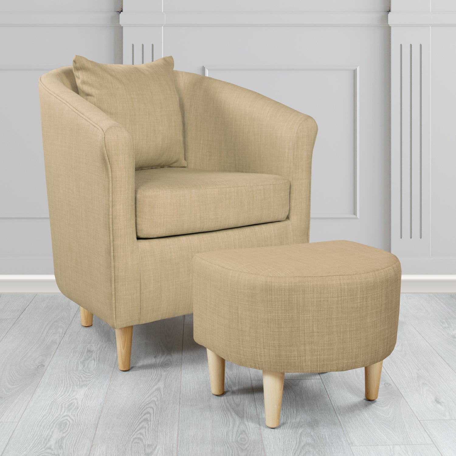 St Tropez Charles Mink Plain Linen Fabric Tub Chair & Footstool Set with Scatter Cushion - The Tub Chair Shop