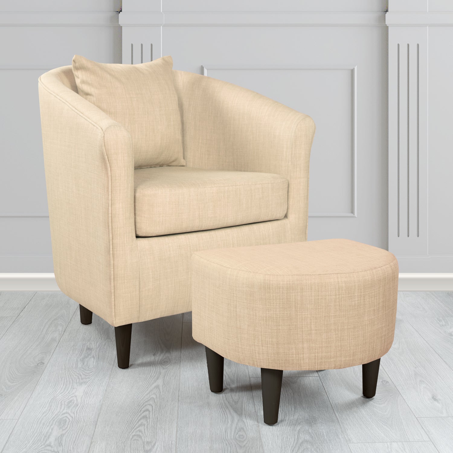 St Tropez Charles Pearl Plain Linen Fabric Tub Chair & Footstool Set with Scatter Cushion - The Tub Chair Shop
