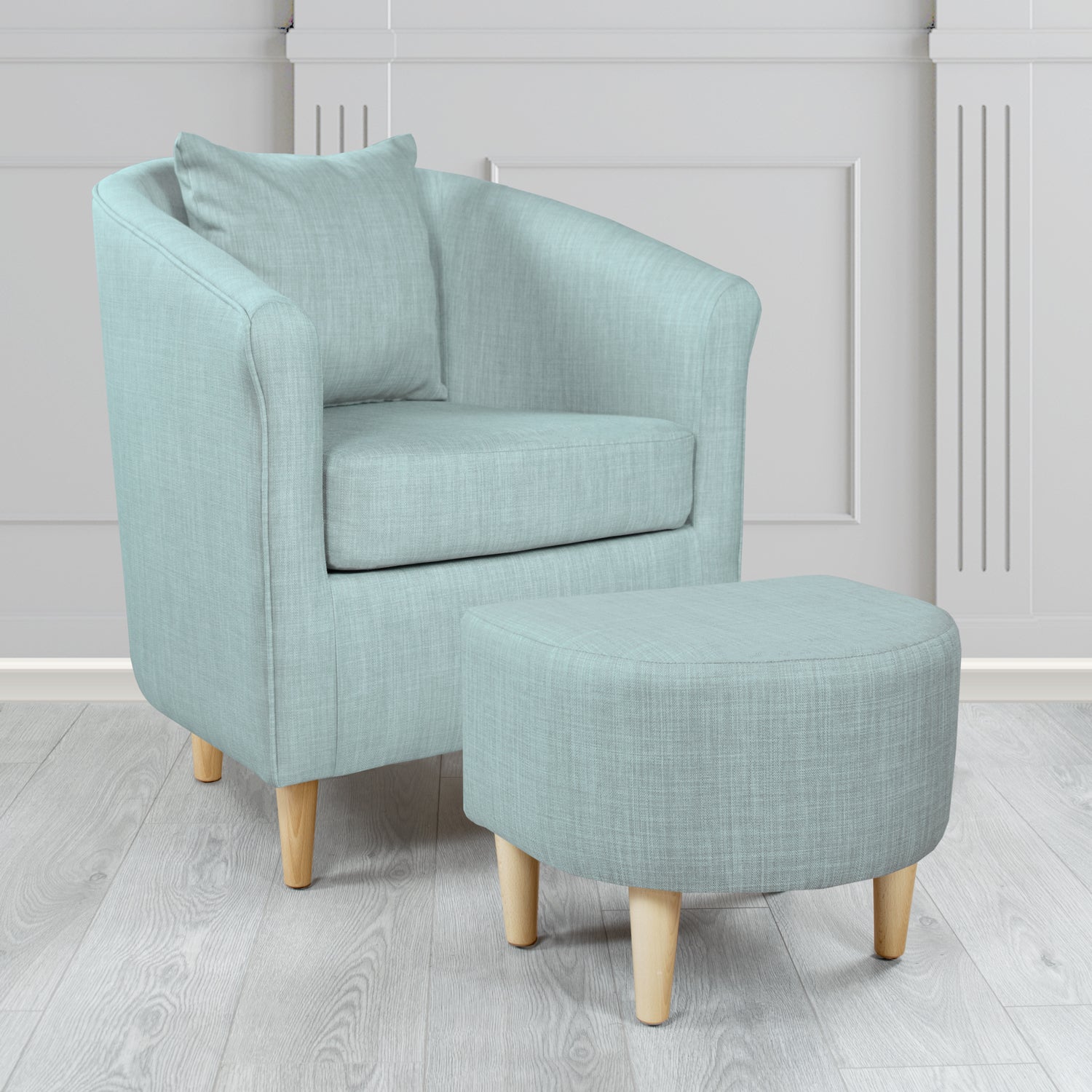 St Tropez Charles Sky Plain Linen Fabric Tub Chair & Footstool Set with Scatter Cushion - The Tub Chair Shop