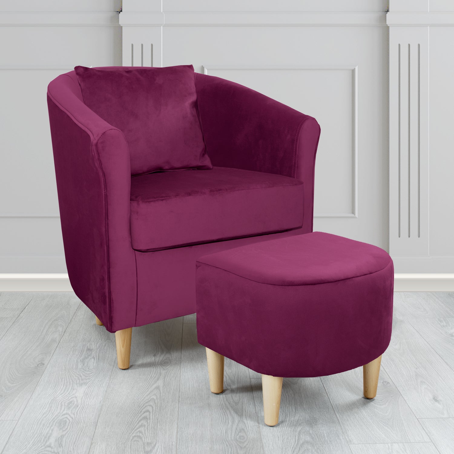St Tropez Monaco Amethyst Plush Velvet Fabric Tub Chair & Footstool Set with Scatter Cushion (6606218231850)