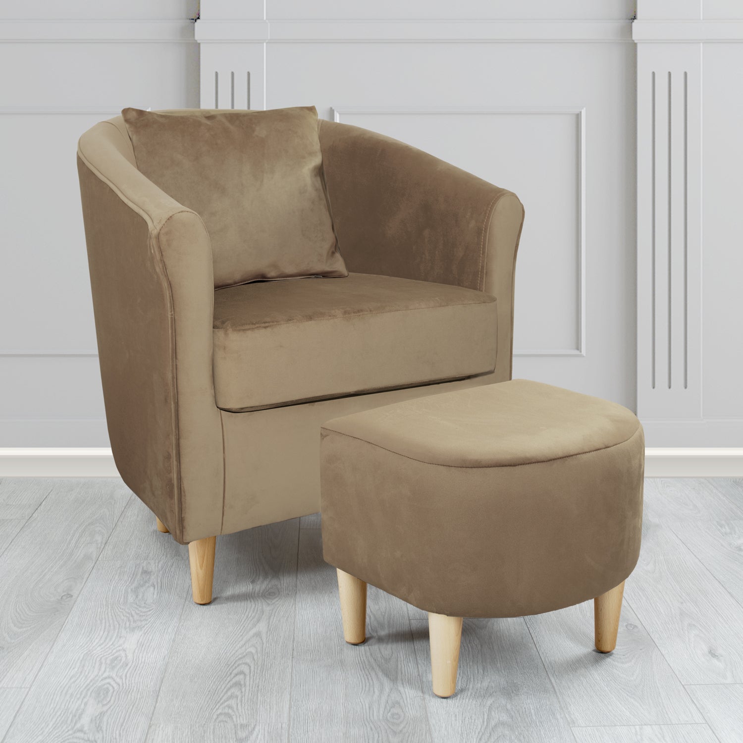 St Tropez Monaco Biscuit Plush Velvet Fabric Tub Chair & Footstool Set with Scatter Cushion (6606218788906)