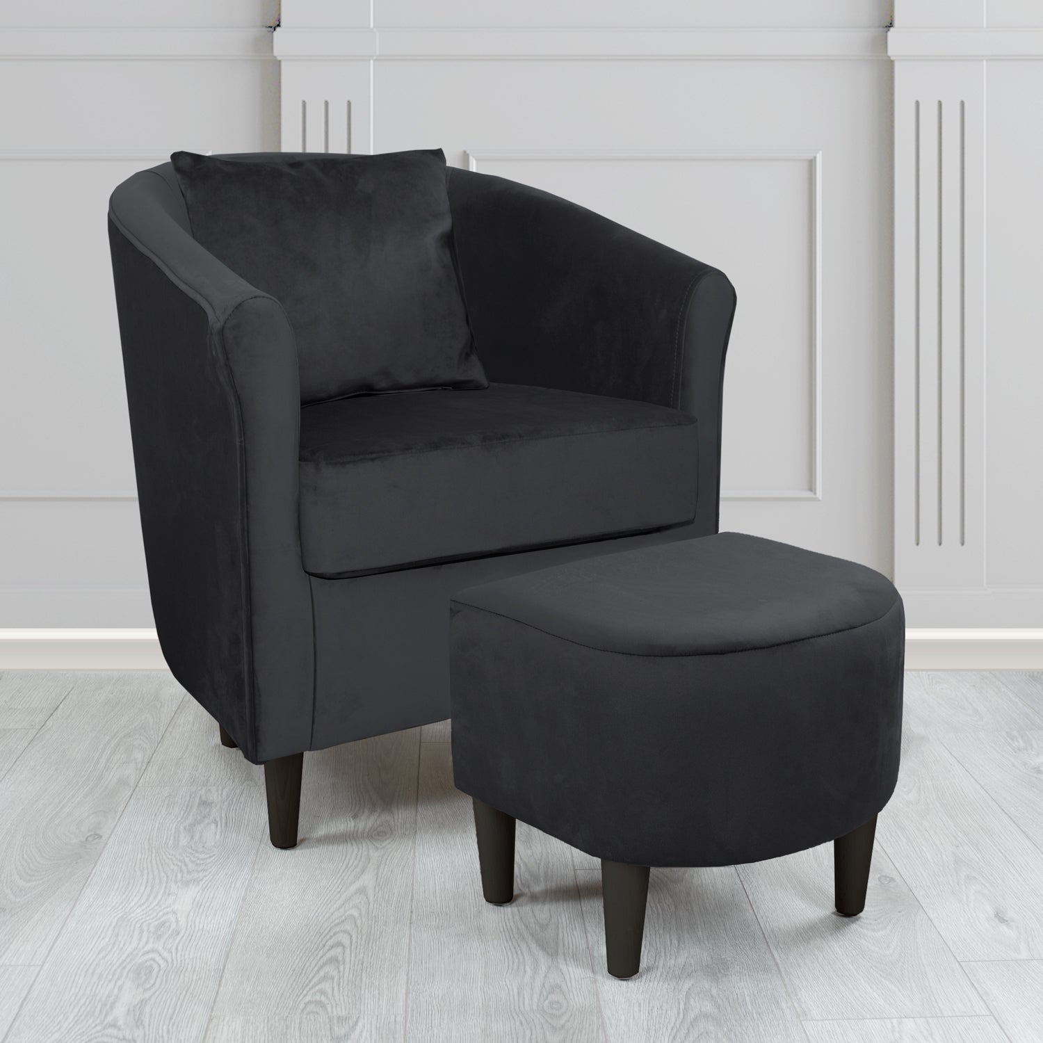 St Tropez Monaco Black Plush Velvet Fabric Tub Chair & Footstool Set with Scatter Cushion (6606219051050)