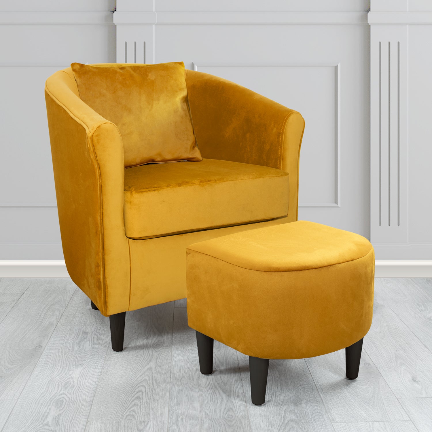 St Tropez Monaco Gold Plush Velvet Fabric Tub Chair & Footstool Set with Scatter Cushion (6606236549162)