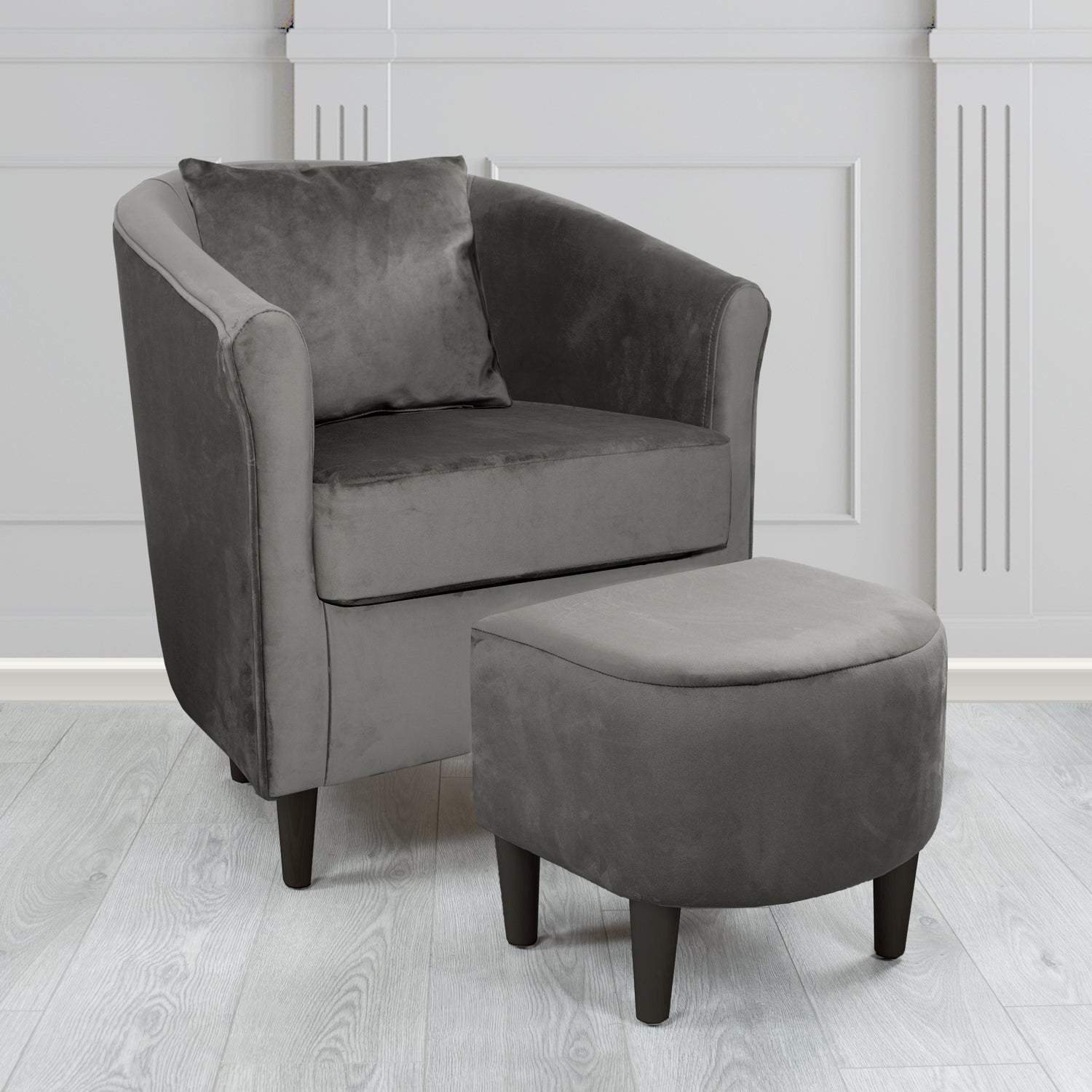 St Tropez Monaco Grey Plush Velvet Fabric Tub Chair & Footstool Set with Scatter Cushion (6606237237290)
