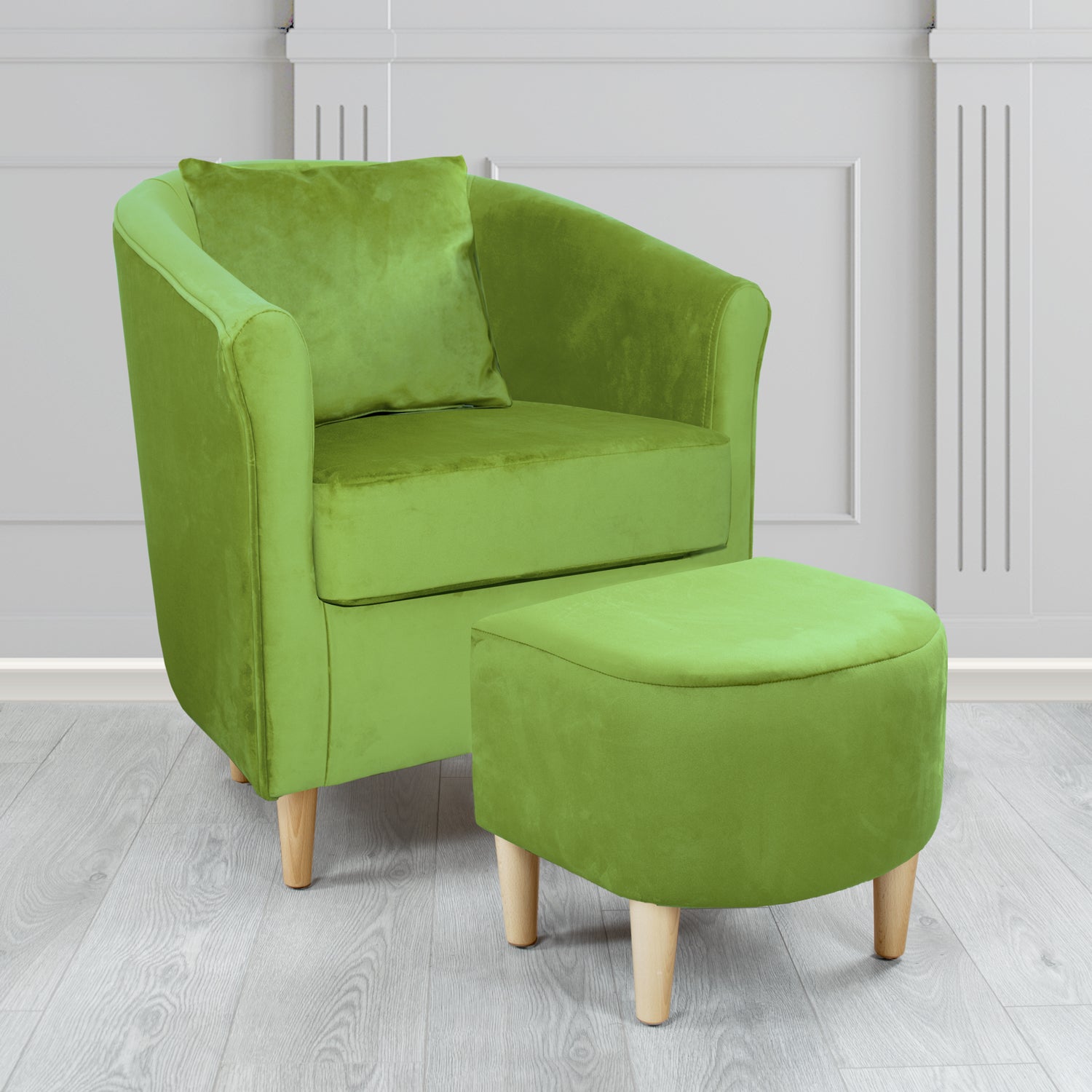 St Tropez Monaco Olive Plush Velvet Fabric Tub Chair & Footstool Set with Scatter Cushion (6606247198762)