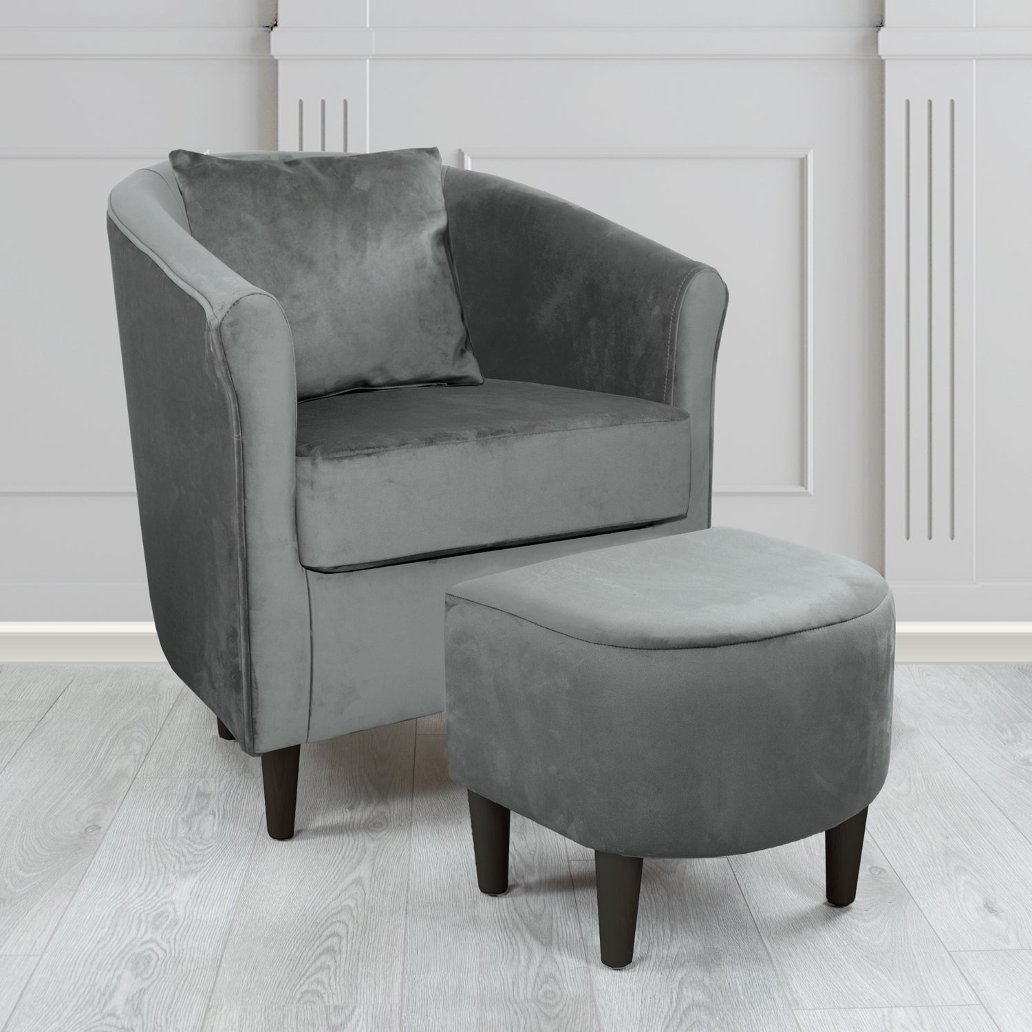 St Tropez Monaco Platinum Plush Velvet Fabric Tub Chair & Footstool Set with Scatter Cushion (6606249721898)