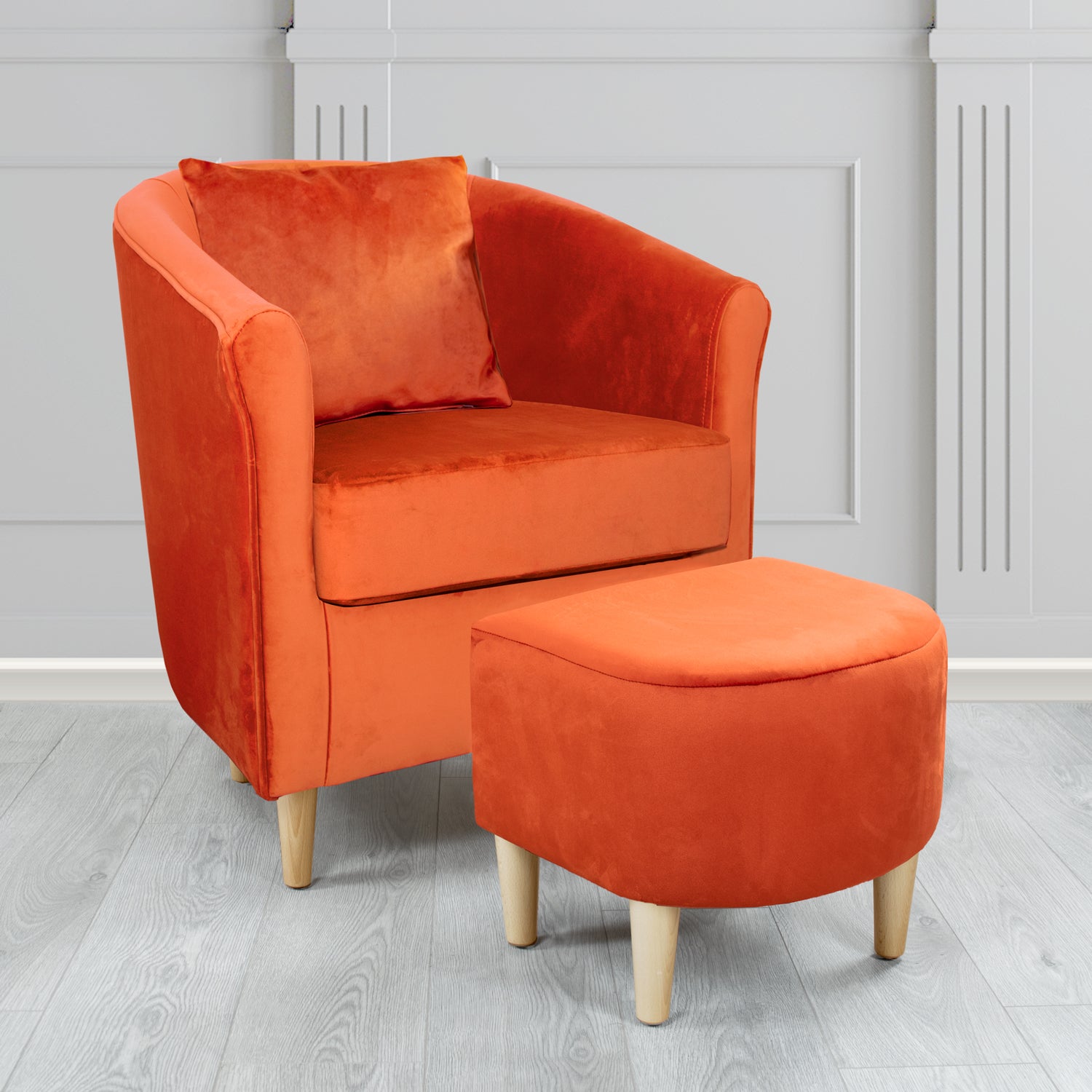 St Tropez Monaco Pumpkin Plush Velvet Fabric Tub Chair & Footstool Set with Scatter Cushion (6606250541098)