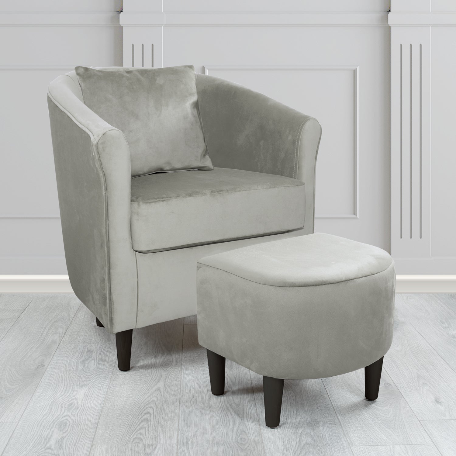 St Tropez Monaco Silver Plush Velvet Fabric Tub Chair & Footstool Set with Scatter Cushion (6606263943210)