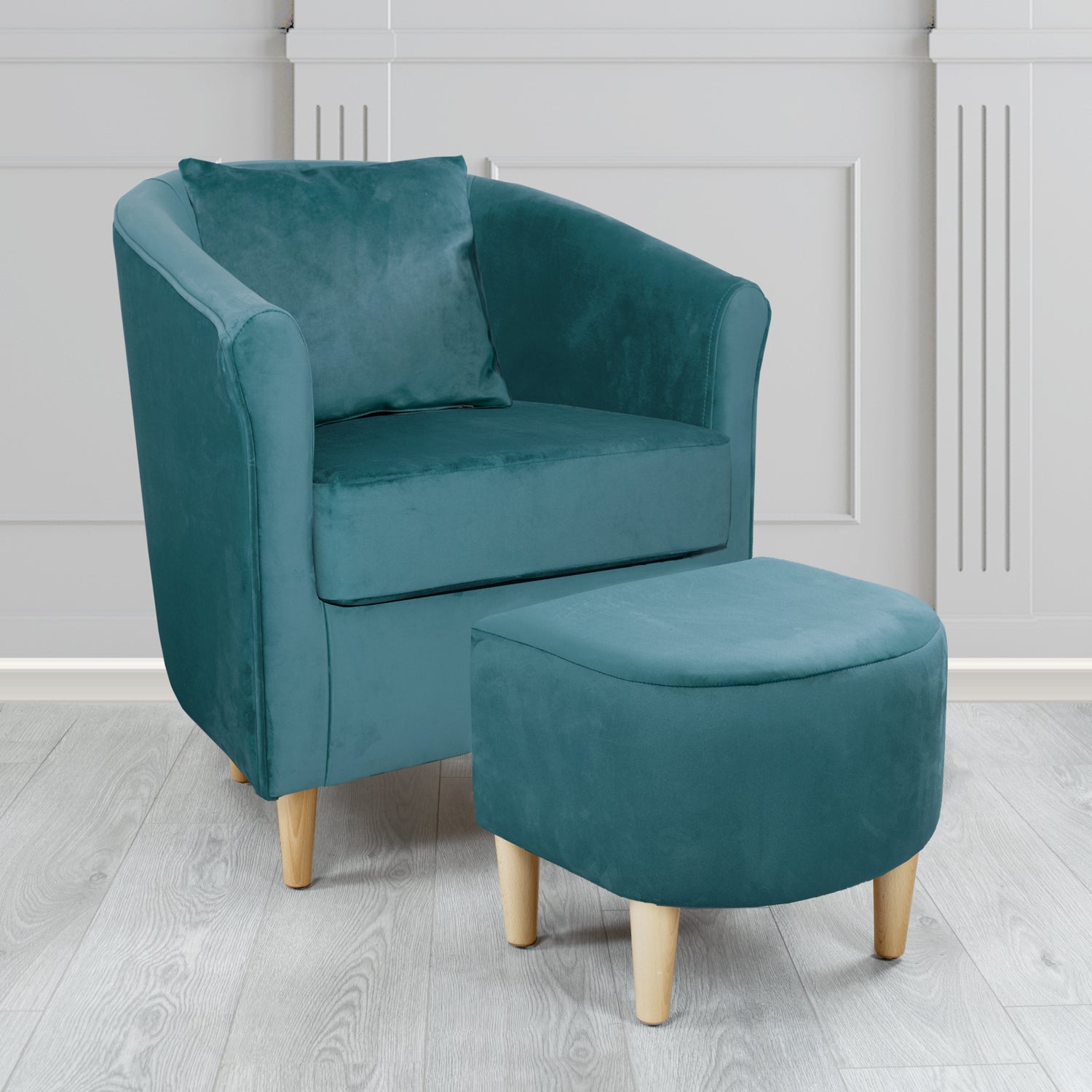St Tropez Monaco Teal Plush Velvet Fabric Tub Chair & Footstool Set with Scatter Cushion (6606272397354)