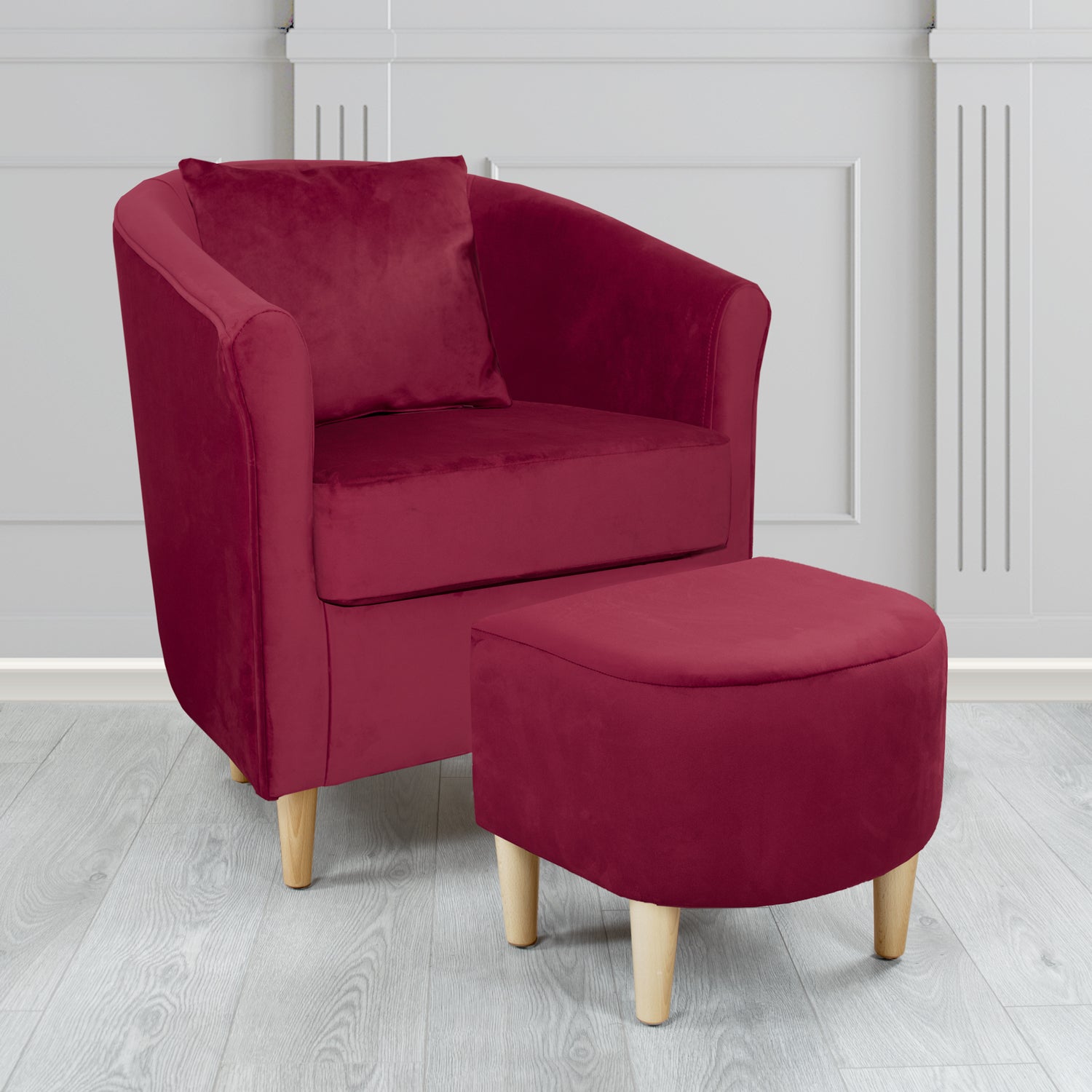 St Tropez Monaco Wine Plush Velvet Fabric Tub Chair & Footstool Set with Scatter Cushion (6606272757802)