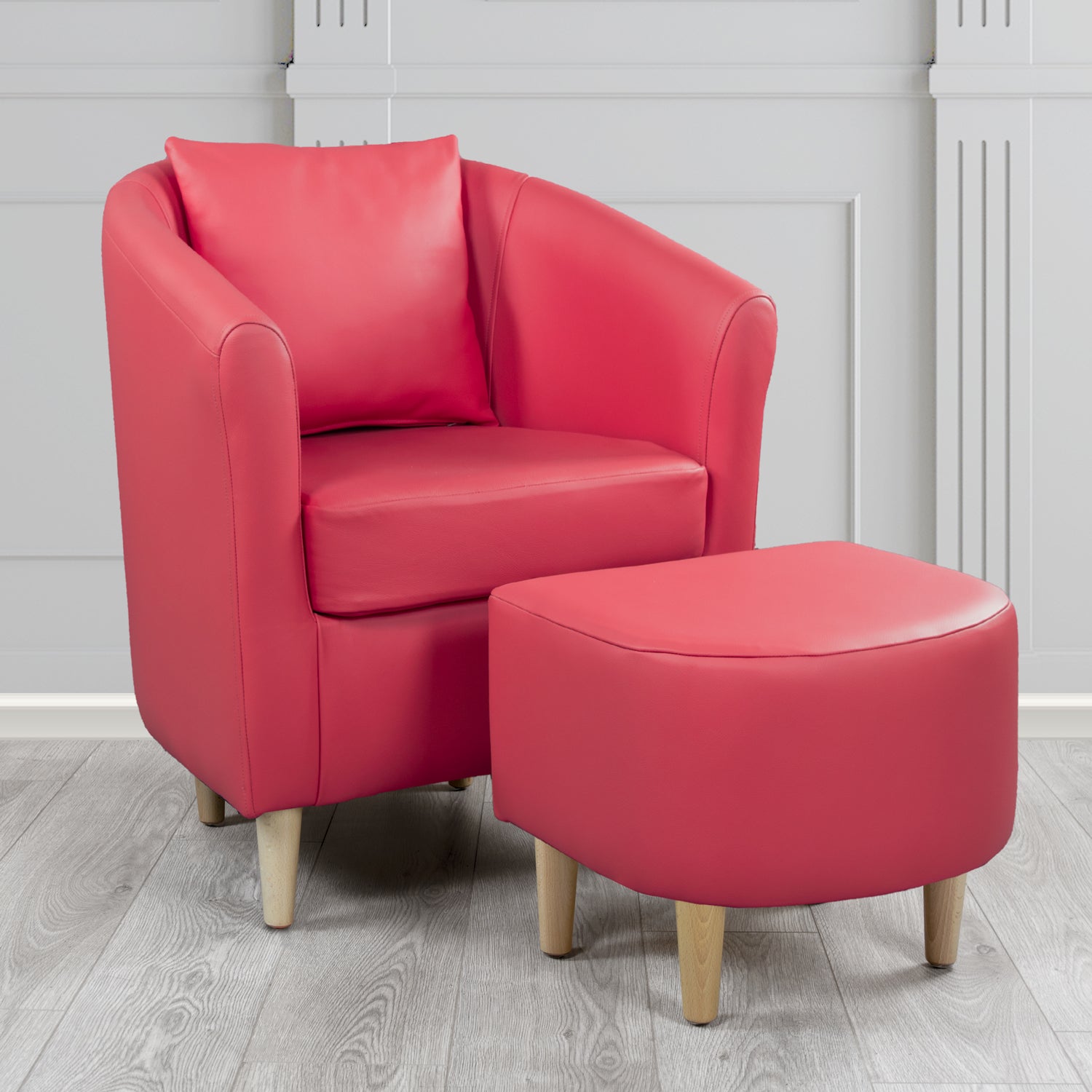 St Tropez Shelly Velvet Red Crib 5 Genuine Leather Tub Chair & Footstool Set With Scatter Cushion (6619544682538)